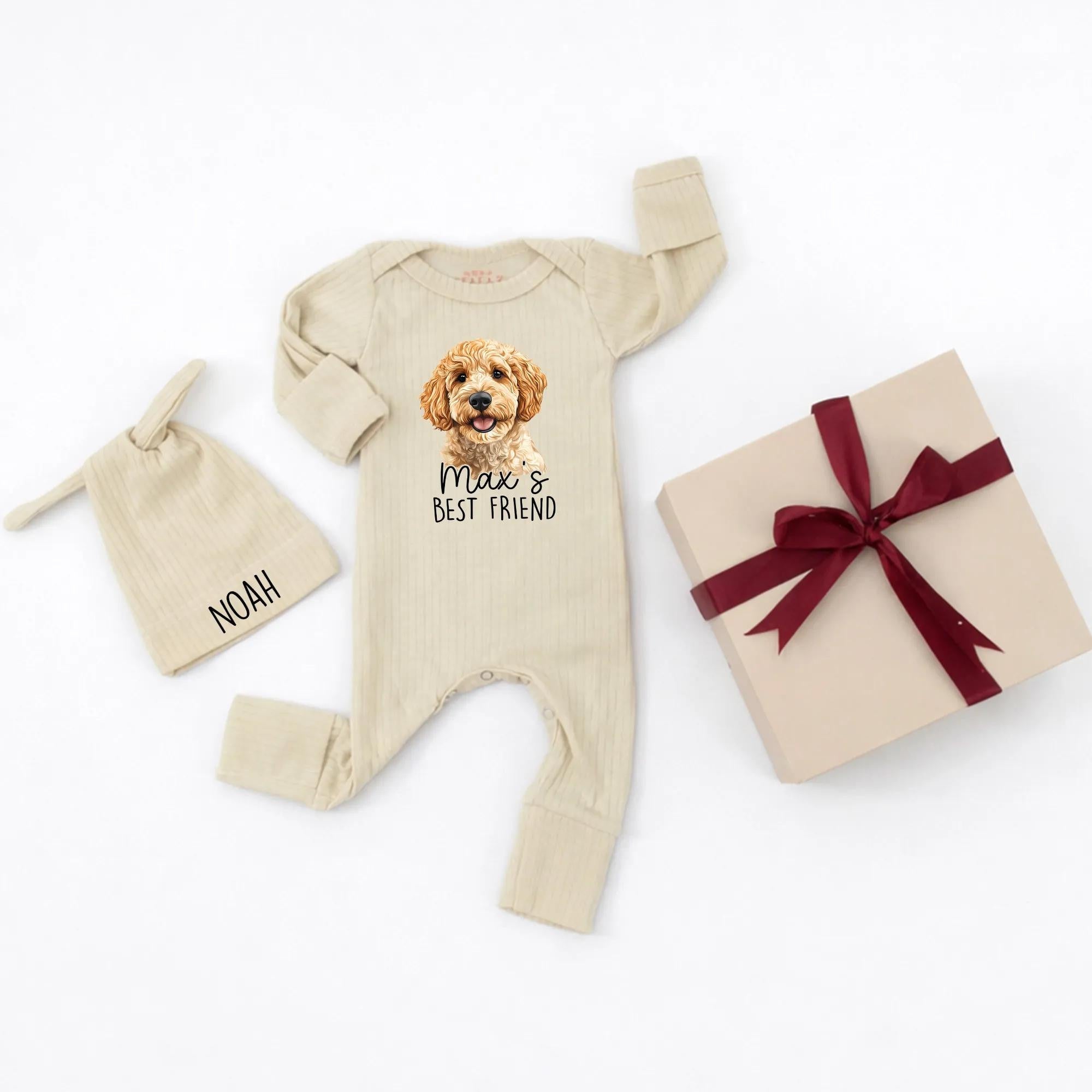 Max's Best Friend Baby Bodysuit with Custom Name Hat, Pet Photo Outfit for Newborn Coming Home or Baby Shower Gift