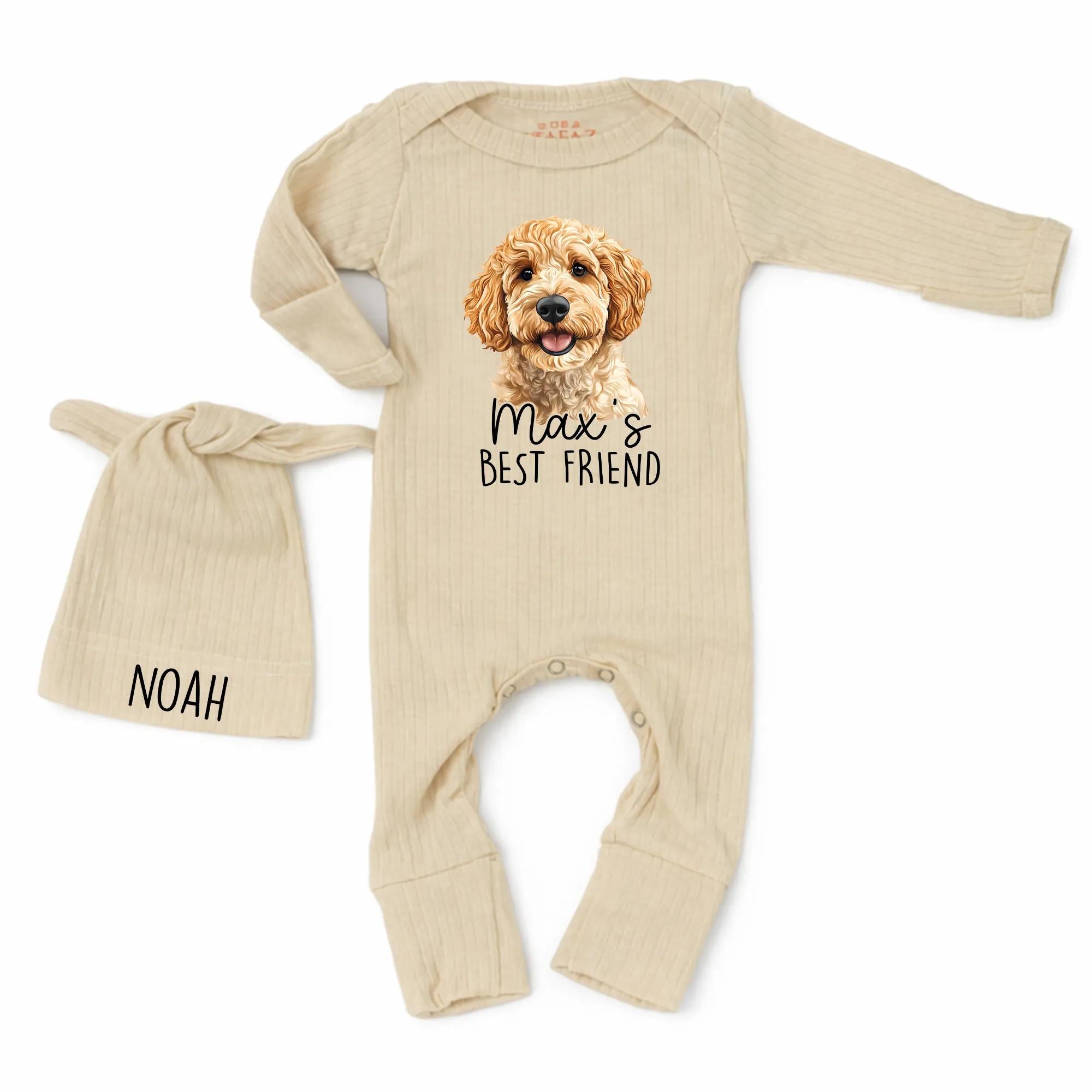 Max's Best Friend Baby Bodysuit with Custom Name Hat, Pet Photo Outfit for Newborn Coming Home or Baby Shower Gift