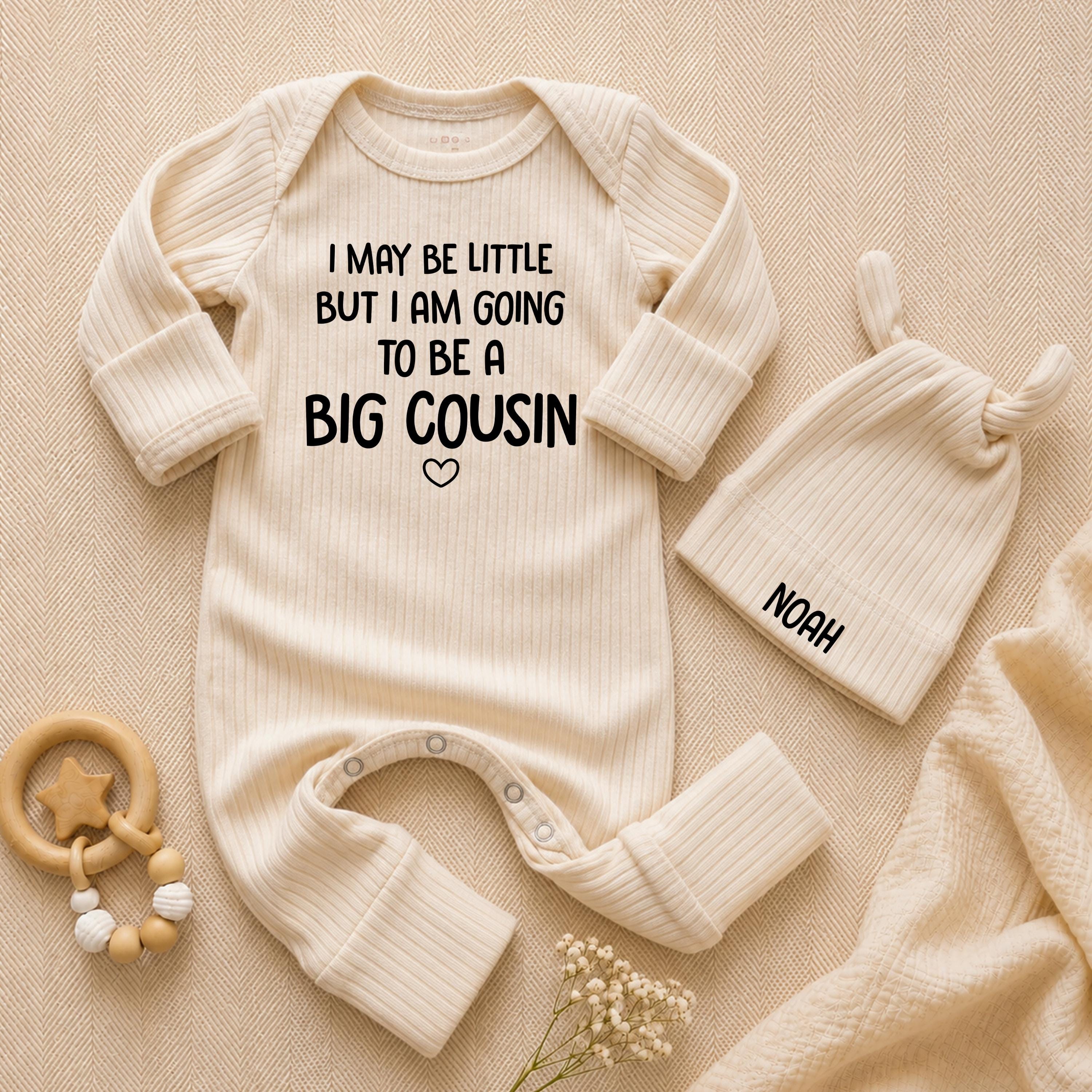 I May Be Little But I'm Going to Be a Big Cousin Baby Bodysuit with Custom Name Hat, Pregnancy Announcement Outfit Gift Set