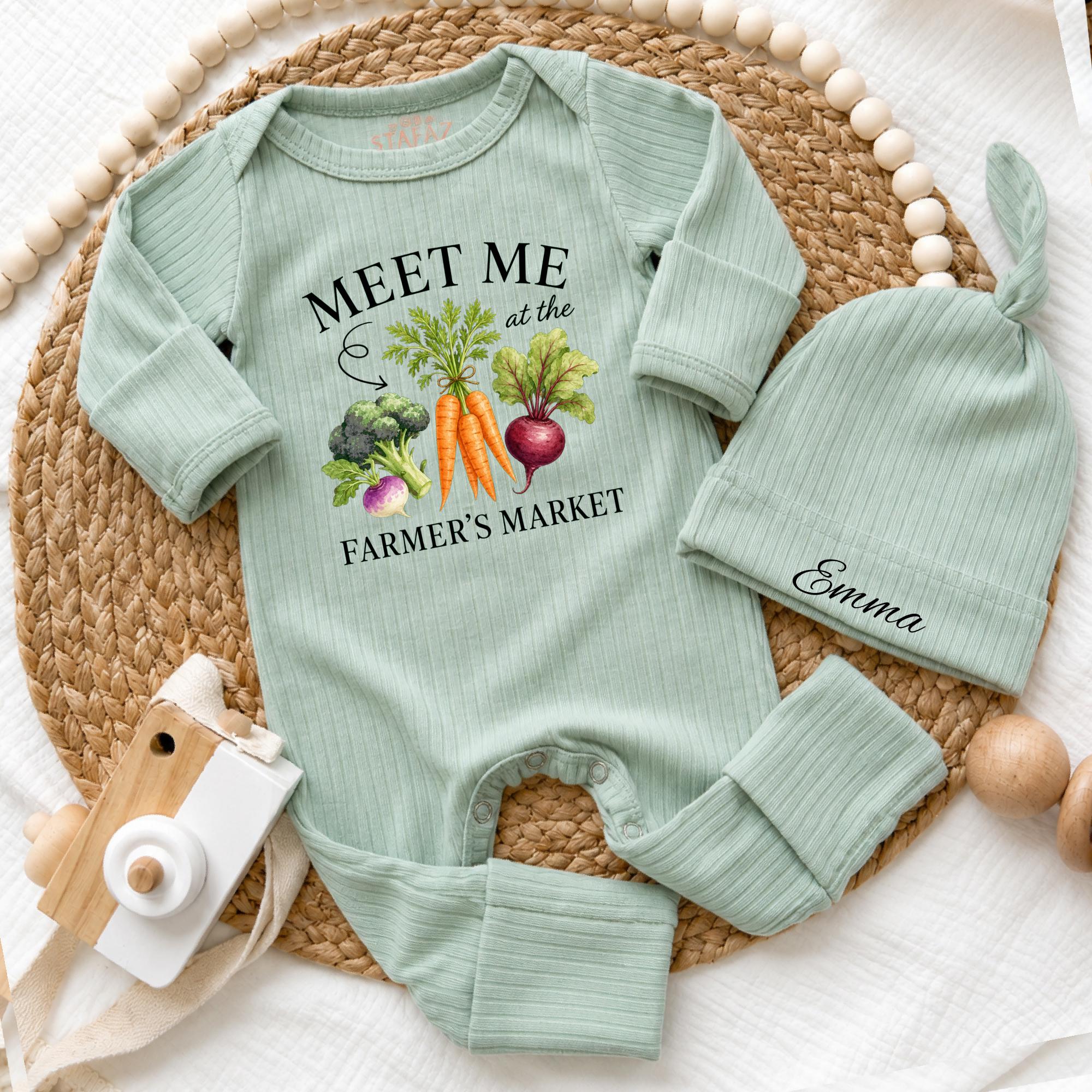 Meet Me at the Farmer's Market Baby Bodysuit and Hat Set, Custom Name Newborn Coming Home Outfit, Adorable Farmhouse Baby Gift