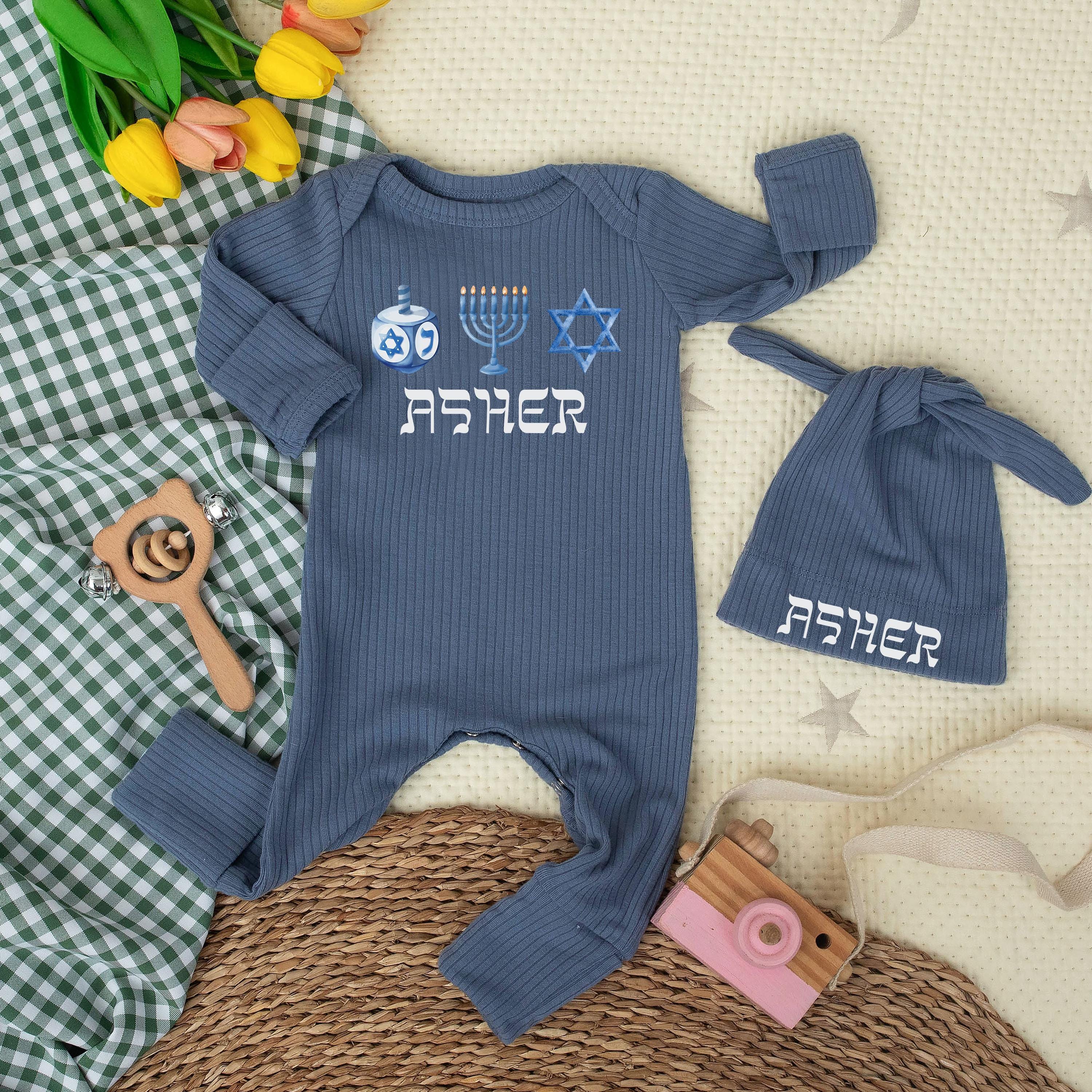 Menorah and Star of David Baby Bodysuit with Custom Name Hat, Hanukkah Newborn Outfit, Jewish Holiday Baby Shower Gift