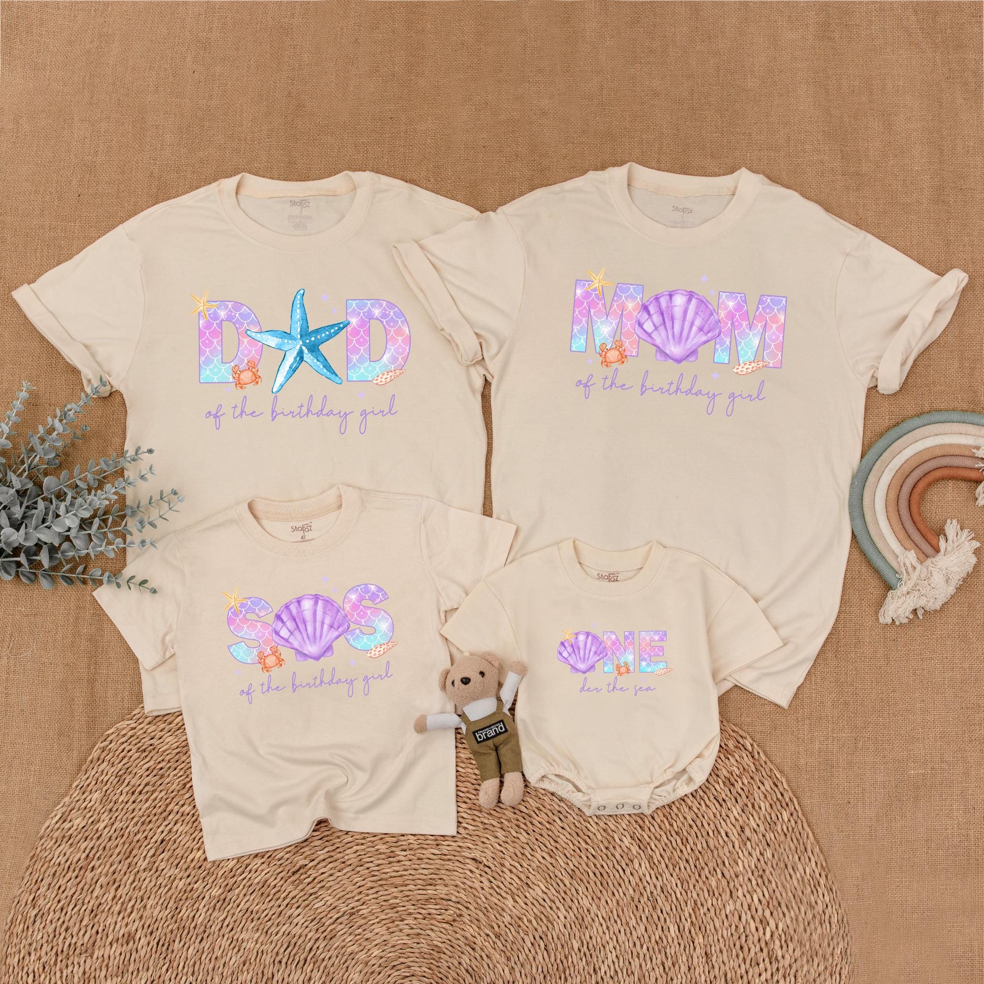 Mermaid Girl Birthday Matching Family Shirts Ocean-Themed Outfit Vibrant Cotton Design Personalized for Mom Dad Bro One Year Old