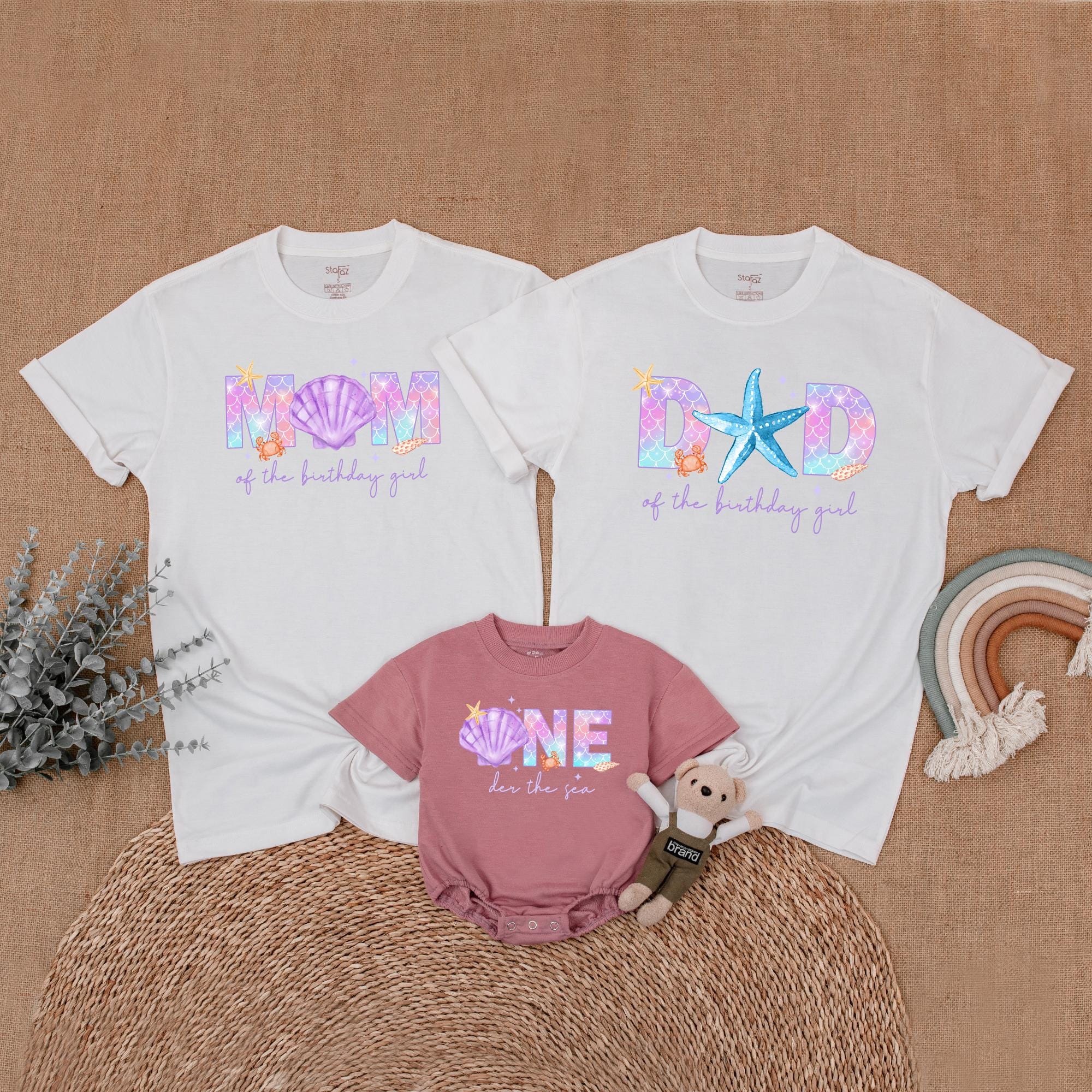 Mermaid Girl Birthday Matching Family Shirts Ocean-Themed Outfit Vibrant Cotton Design Personalized for Mom Dad Bro One Year Old