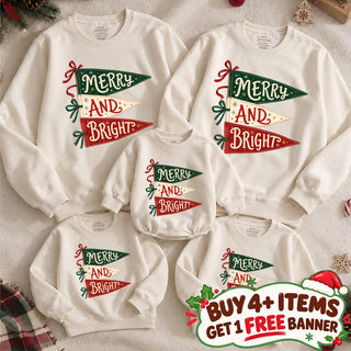 Merry and Bright Matching Family Christmas Sweatshirts, Festive Holiday Long Sleeves for Mama Mini, Buy 4 Get 1 Free Offer