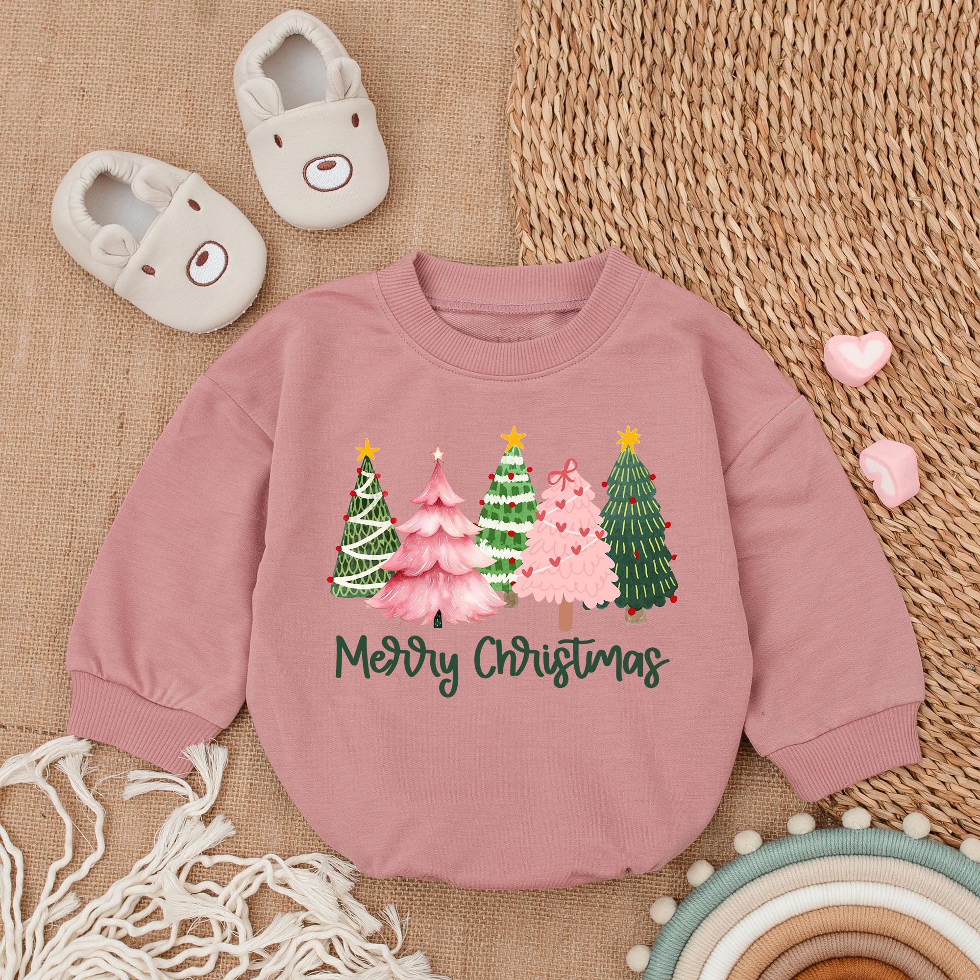 Merry Christmas Baby Bubble Romper Green Pink Trees Infant Holiday Outfit Newborn Girl Bodysuit Soft Cotton Festive Christmas Style