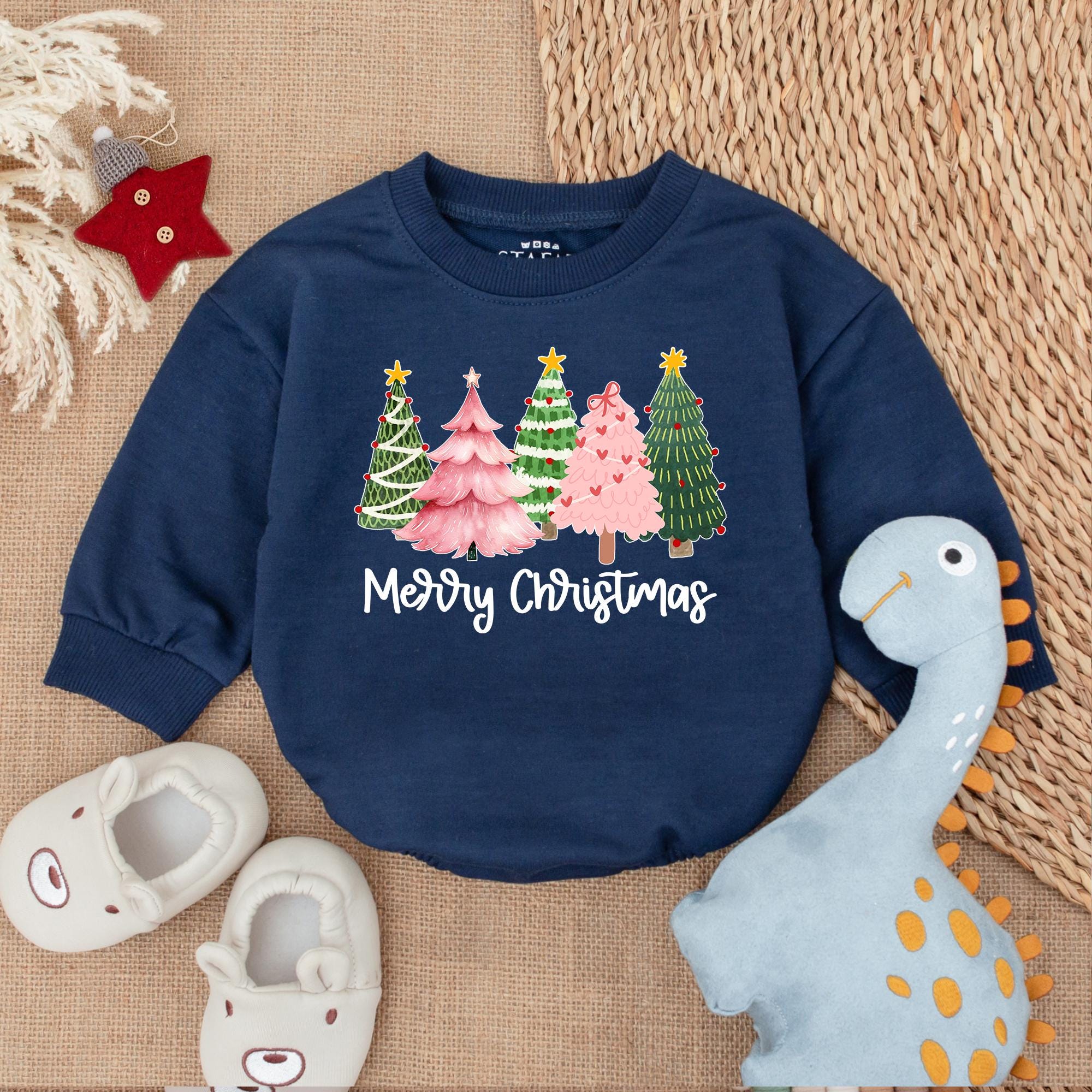 Merry Christmas Baby Bubble Romper Green Pink Trees Infant Holiday Outfit Newborn Girl Bodysuit Soft Cotton Festive Christmas Style