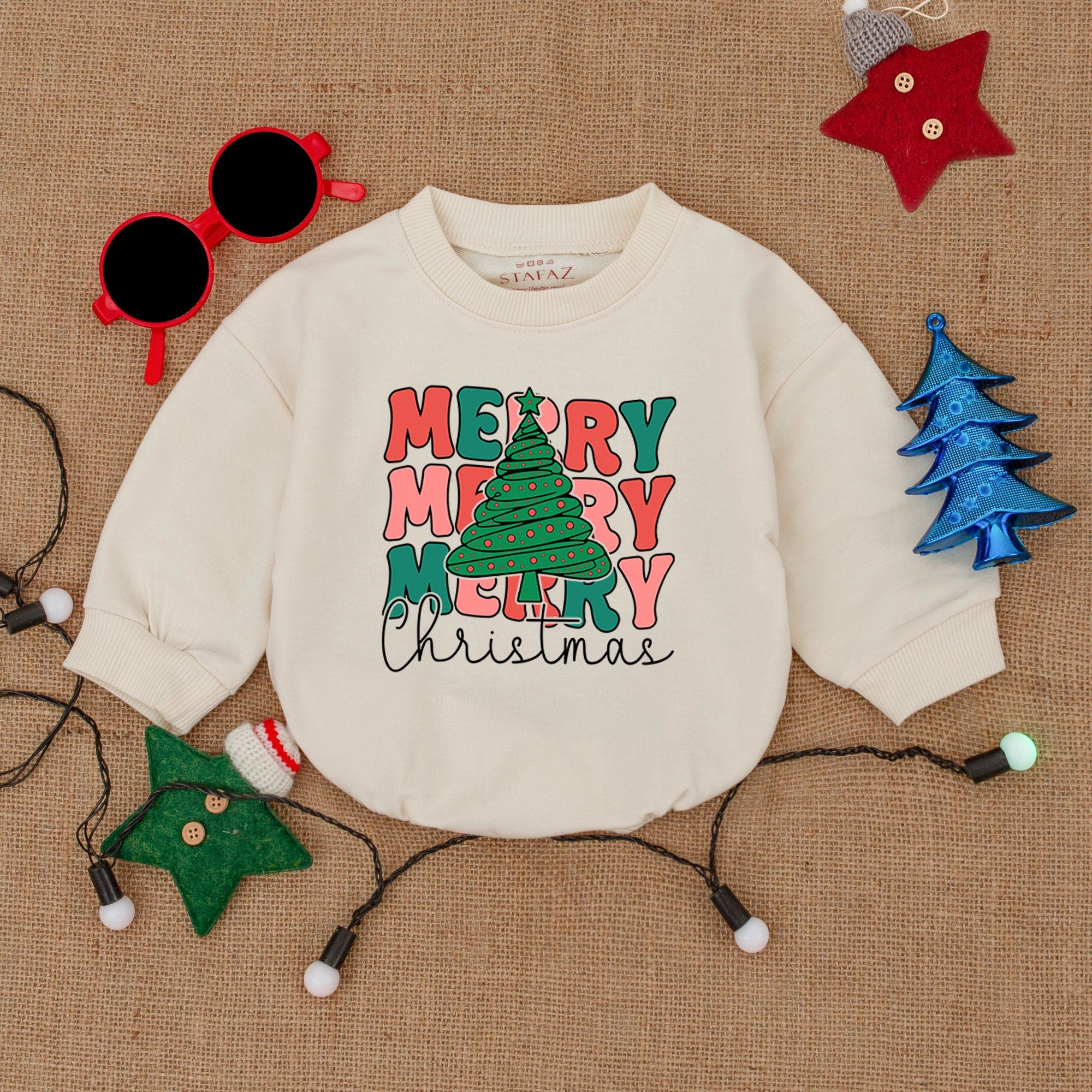 Merry Christmas Baby Romper with Festive Tree Graphic Holiday Outfit Soft Cotton Toddler Bodysuit First Christmas Gift Red Green Design