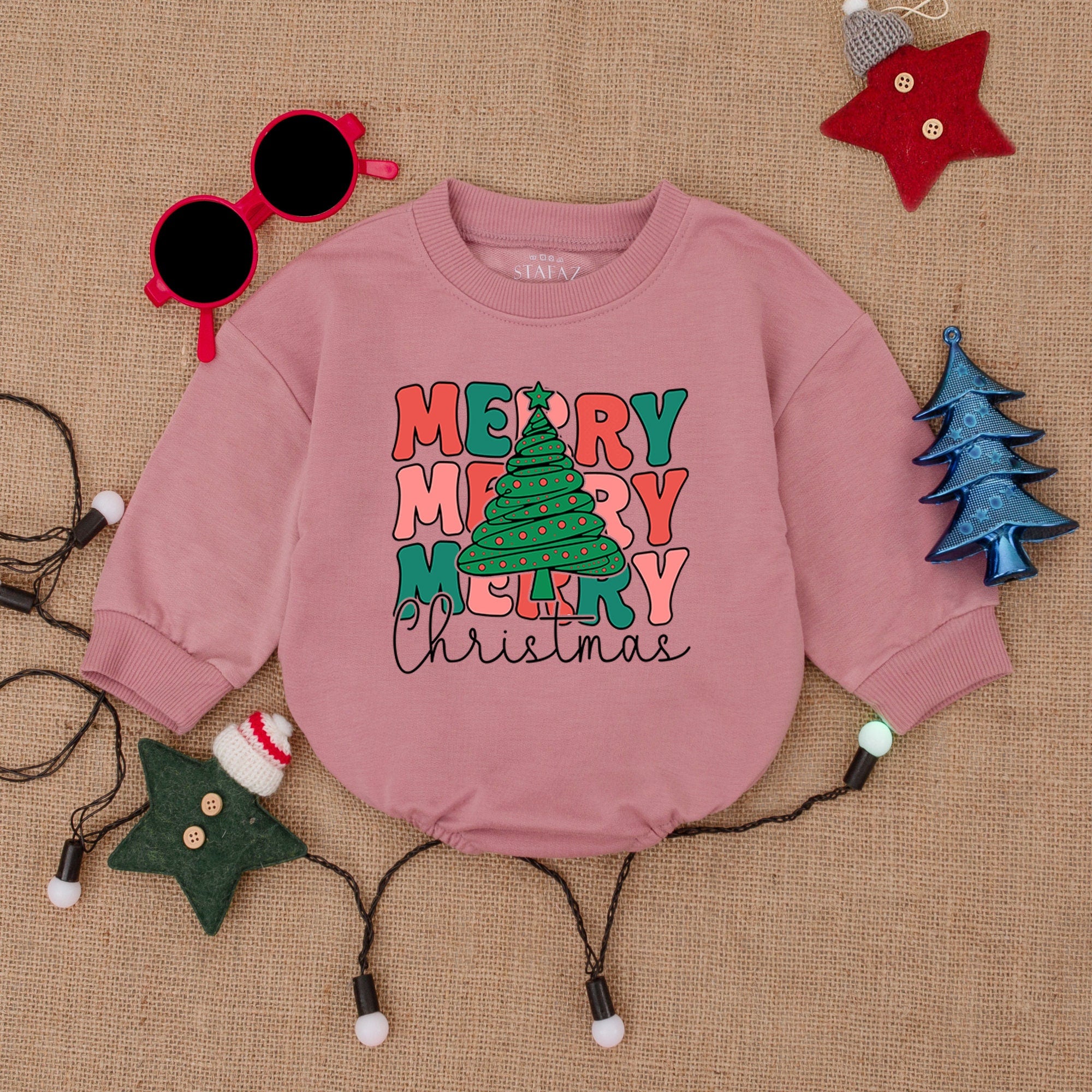 Merry Christmas Baby Romper with Festive Tree Graphic Holiday Outfit Soft Cotton Toddler Bodysuit First Christmas Gift Red Green Design