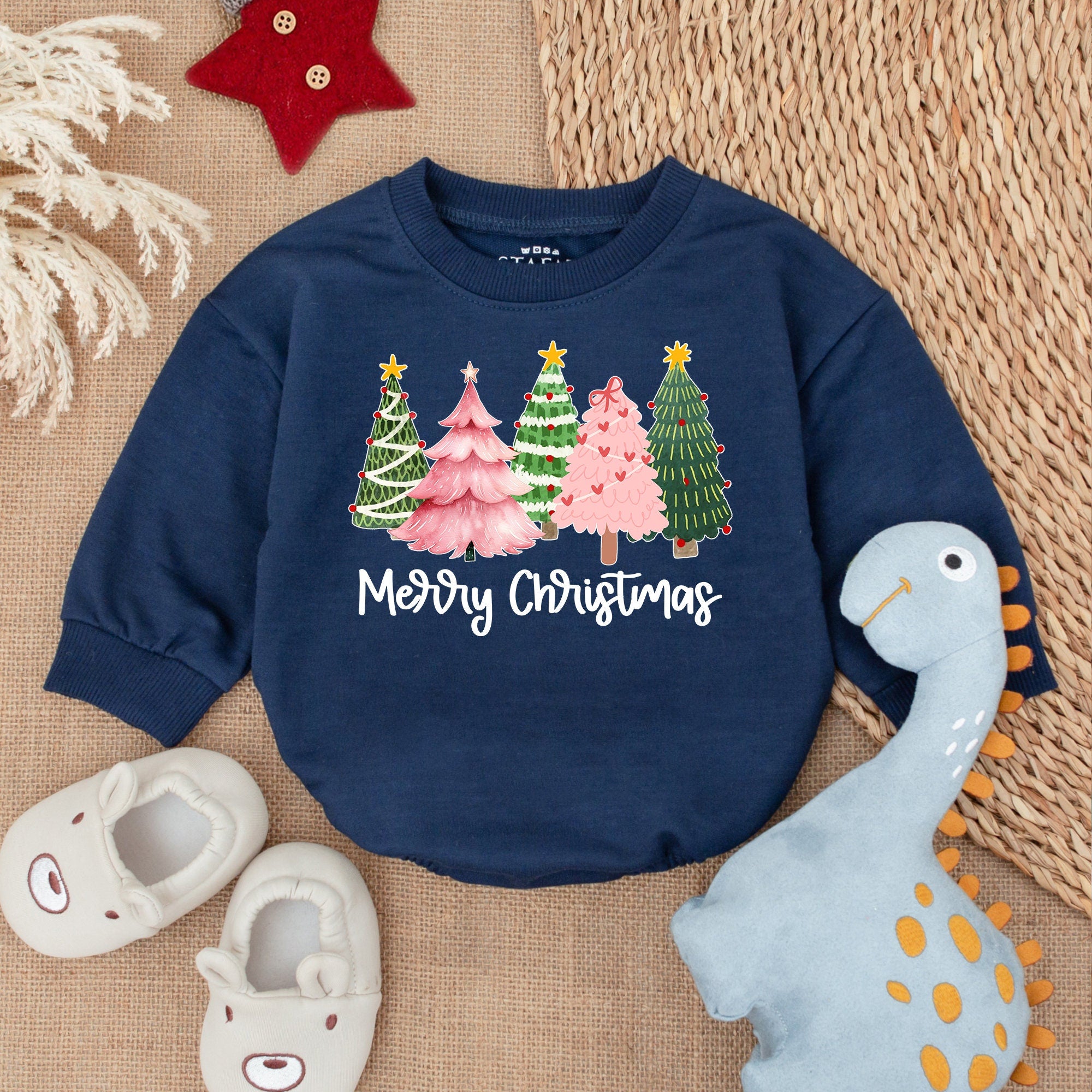 Merry Christmas Baby Romper Five Festive Trees Design Cozy Cotton Infant Holiday Bodysuit First Christmas Outfit Long Sleeve