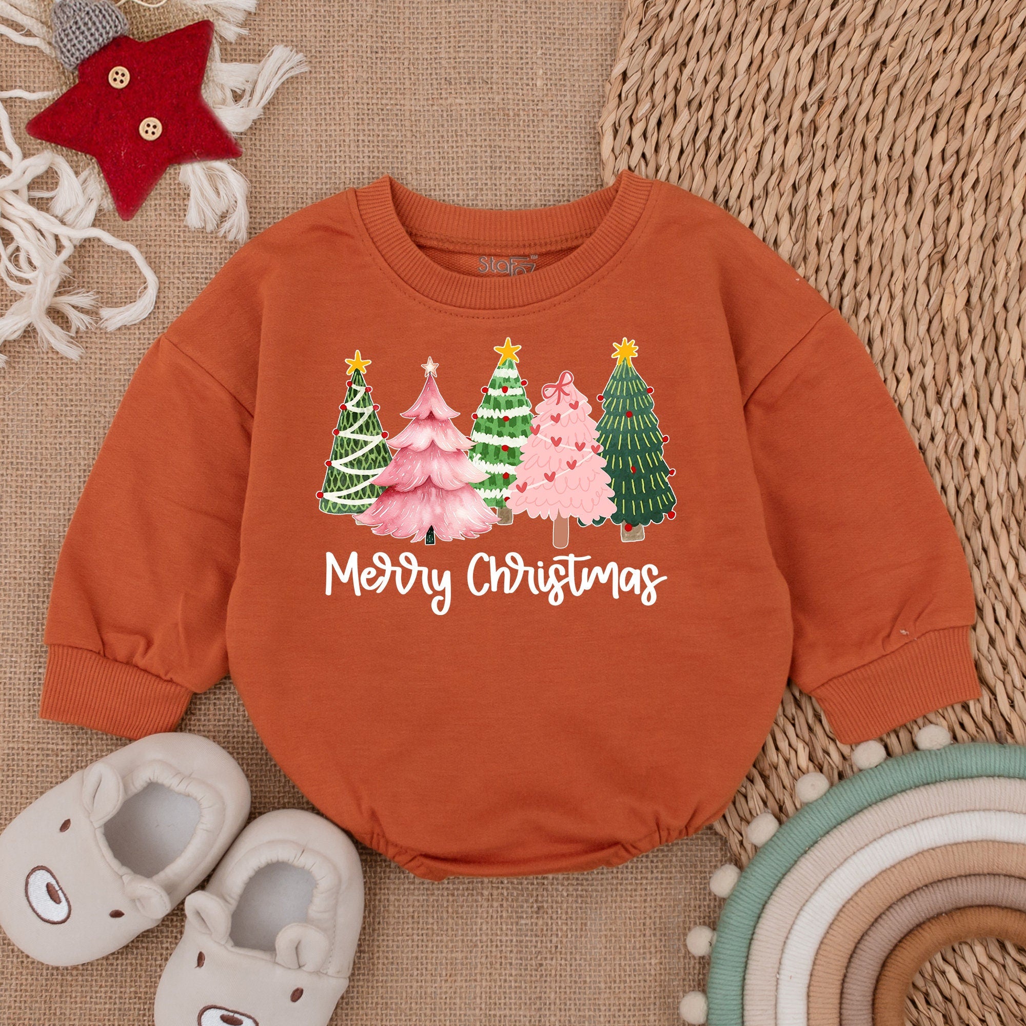 Merry Christmas Baby Romper Five Festive Trees Design Cozy Cotton Infant Holiday Bodysuit First Christmas Outfit Long Sleeve