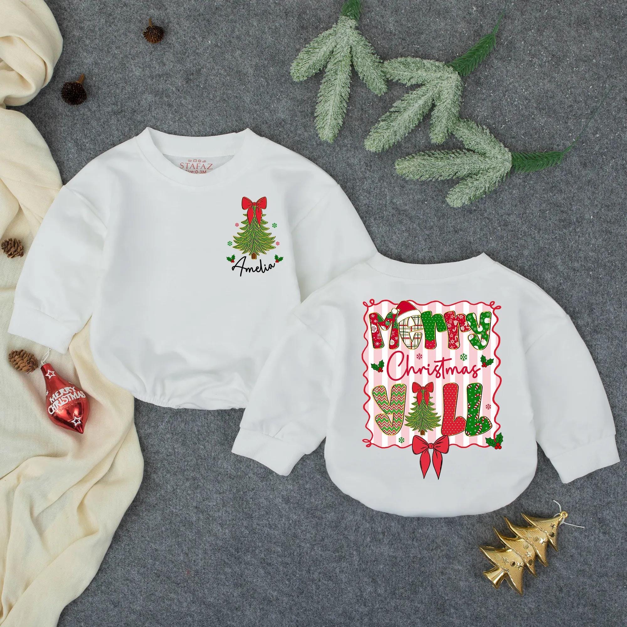 Merry Christmas Y'all Baby Bubble Romper with Bow and Custom Name, Festive Holiday Outfit for Girls, Winter Baby Shower Gift
