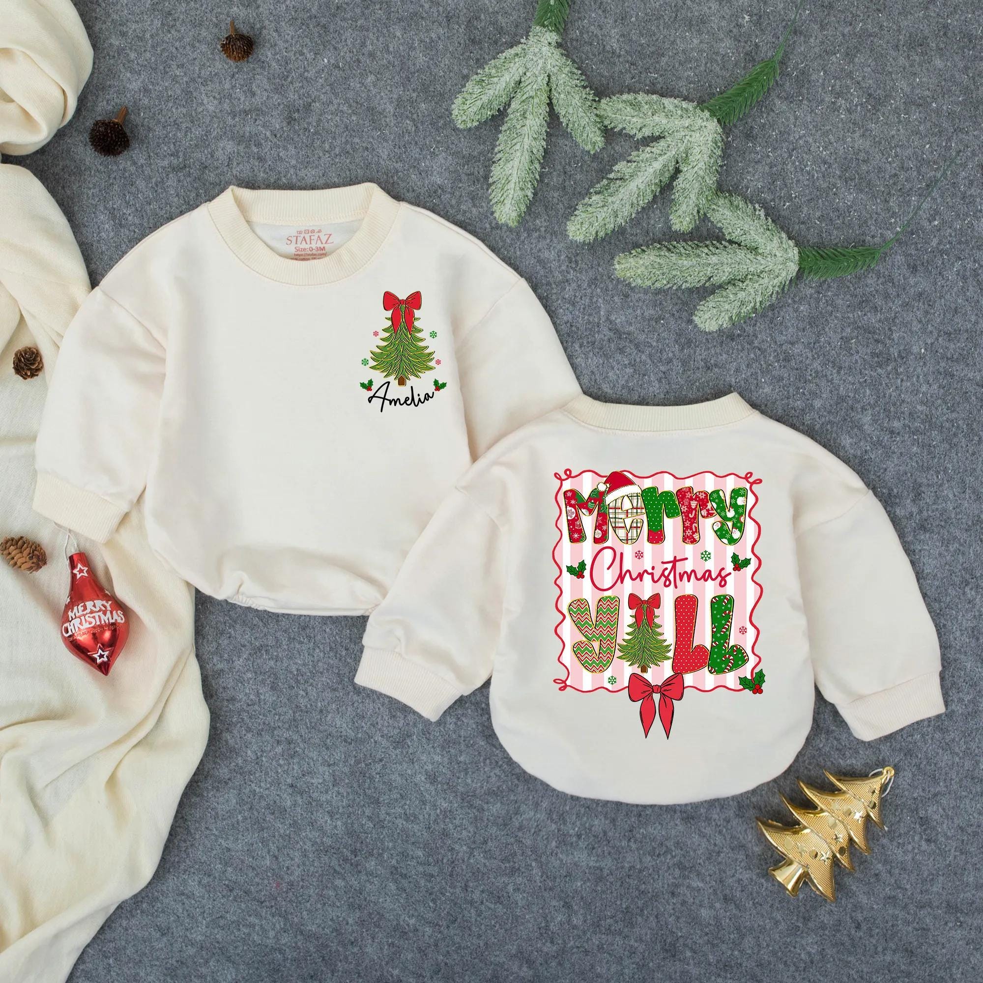 Merry Christmas Y'all Baby Bubble Romper with Bow and Custom Name, Festive Holiday Outfit for Girls, Winter Baby Shower Gift