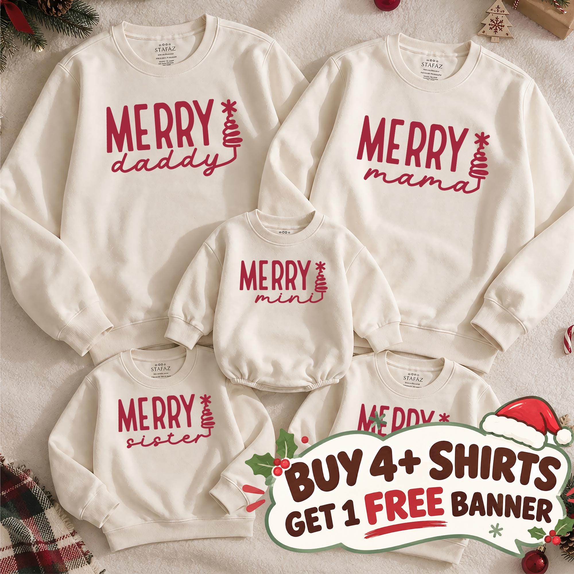 Merry Family Christmas Sweatshirts with Custom Names, Matching Mommy and Me Holiday Outfits, Festive Long Sleeves for All Ages