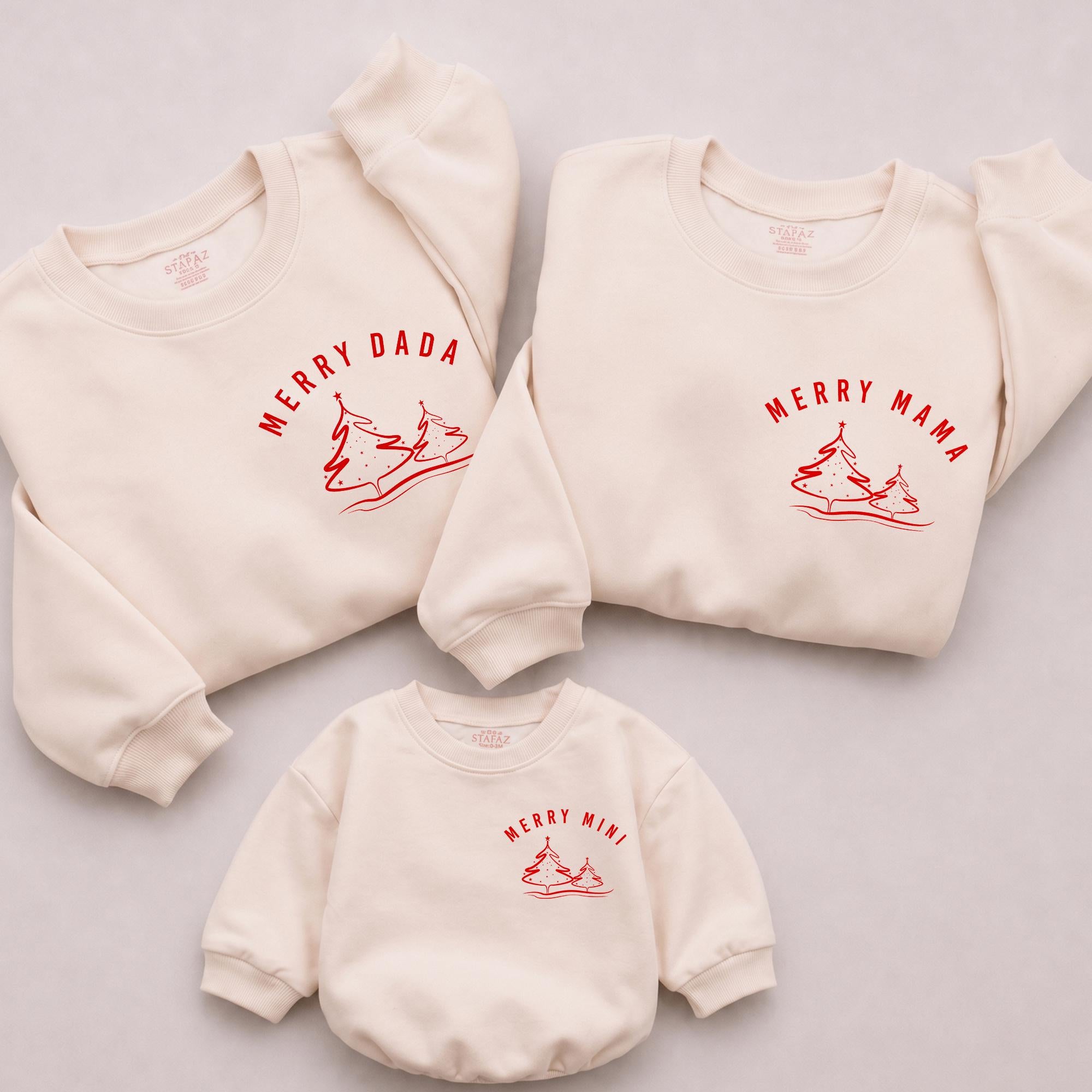 Merry Mama, Dada & Mini Matching Christmas Sweatshirts with Tree Graphic, Holiday Family Sweater Set, Mommy and Me Outfit