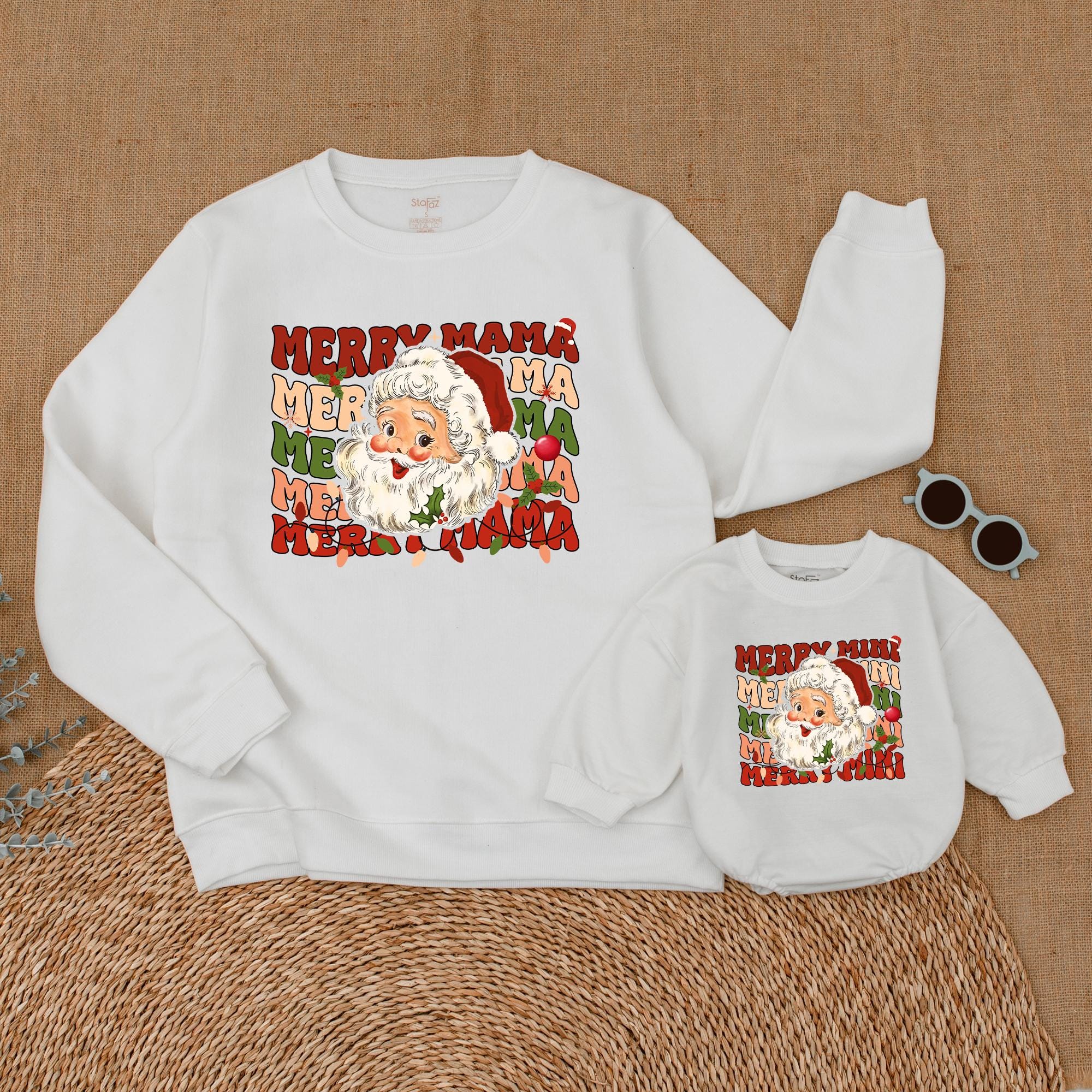 Merry Mama and Mini Christmas Sweatshirts Vintage Santa Matching Family Holiday Outfit Soft Cotton Personalized Festive Design