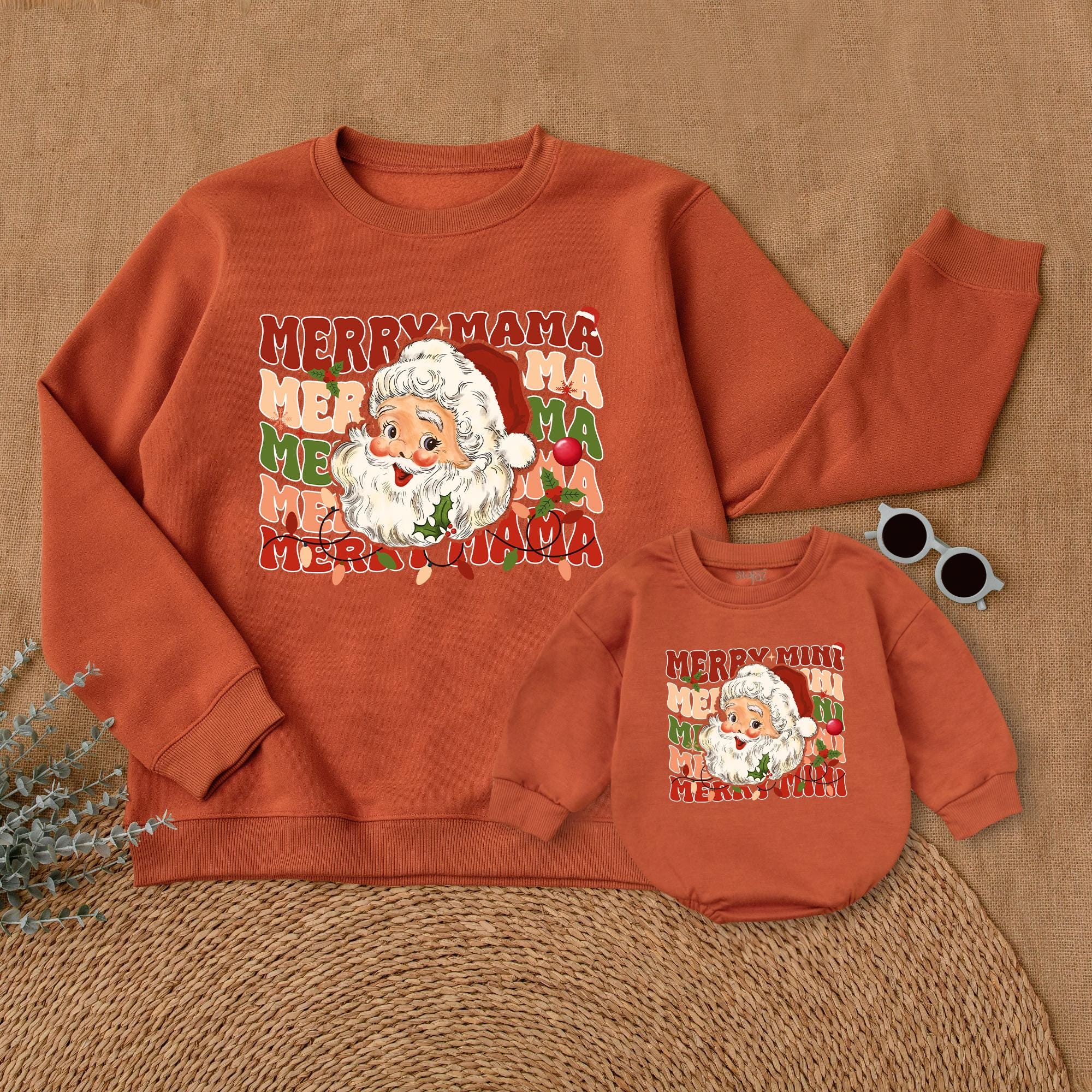 Merry Mama and Mini Christmas Sweatshirts Vintage Santa Matching Family Holiday Outfit Soft Cotton Personalized Festive Design