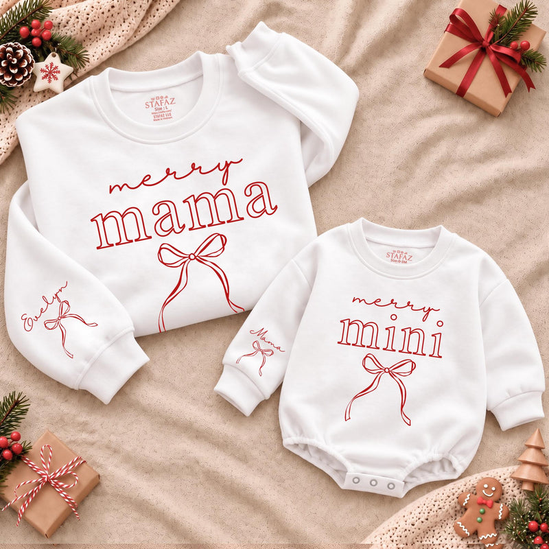 Merry Mama and Mini Matching Christmas Outfits, Personalized Mama Sweatshirt with Kids Names on Sleeve, Baby Christmas Romper,