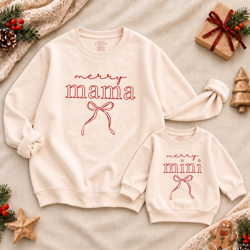 Merry Mama and Mini Matching Christmas Outfits, Personalized Mama Sweatshirt with Kids Names on Sleeve, Baby Christmas Romper,