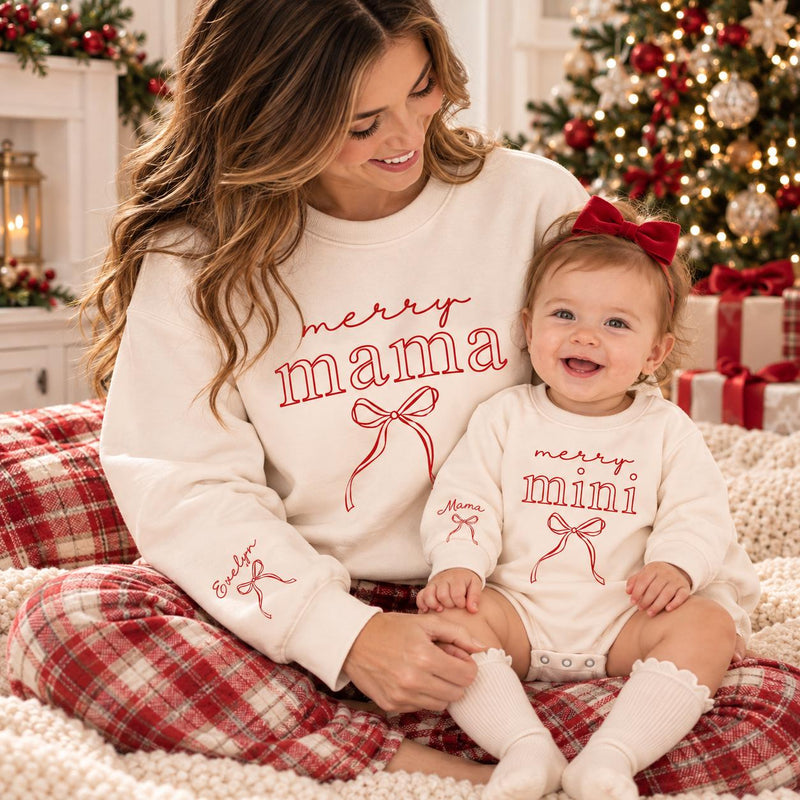 Merry Mama and Mini Matching Christmas Outfits, Personalized Mama Sweatshirt with Kids Names on Sleeve, Baby Christmas Romper,
