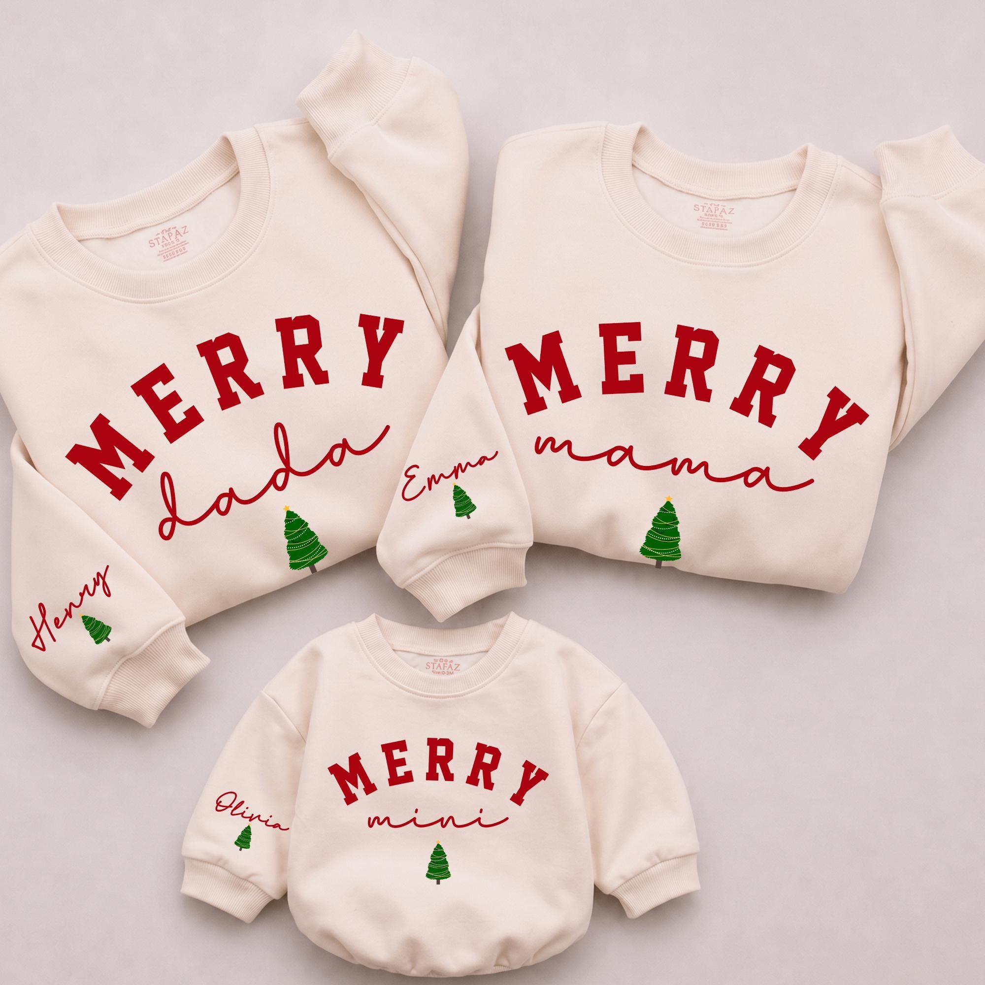Merry Mama Mini Matching Family Christmas Sweatshirts with Custom Names, Holiday Tree Design, Cozy Long Sleeve Outfits