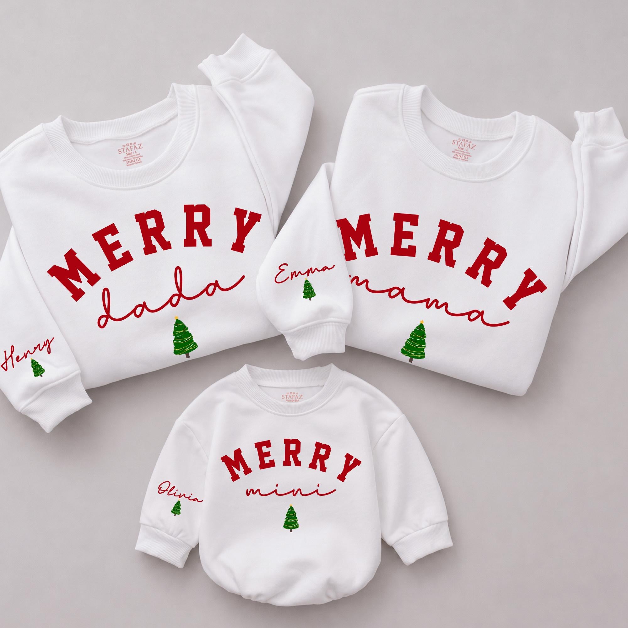 Merry Mama Mini Matching Family Christmas Sweatshirts with Custom Names, Holiday Tree Design, Cozy Long Sleeve Outfits