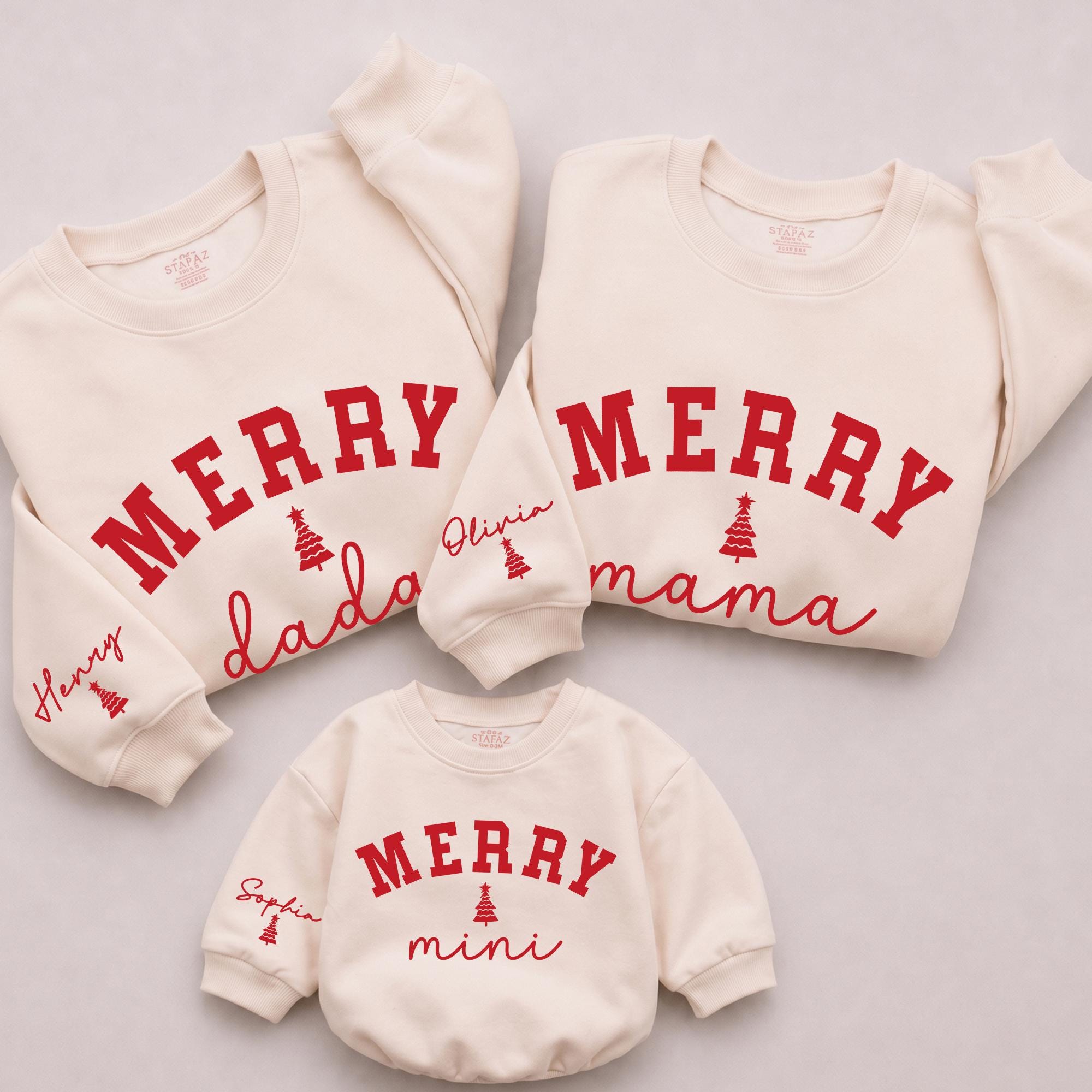 Merry Mama Mini Matching Sweatshirts with Custom Names, Holiday Family Christmas Tree Outfits, Cozy Long Sleeve Winter Wear