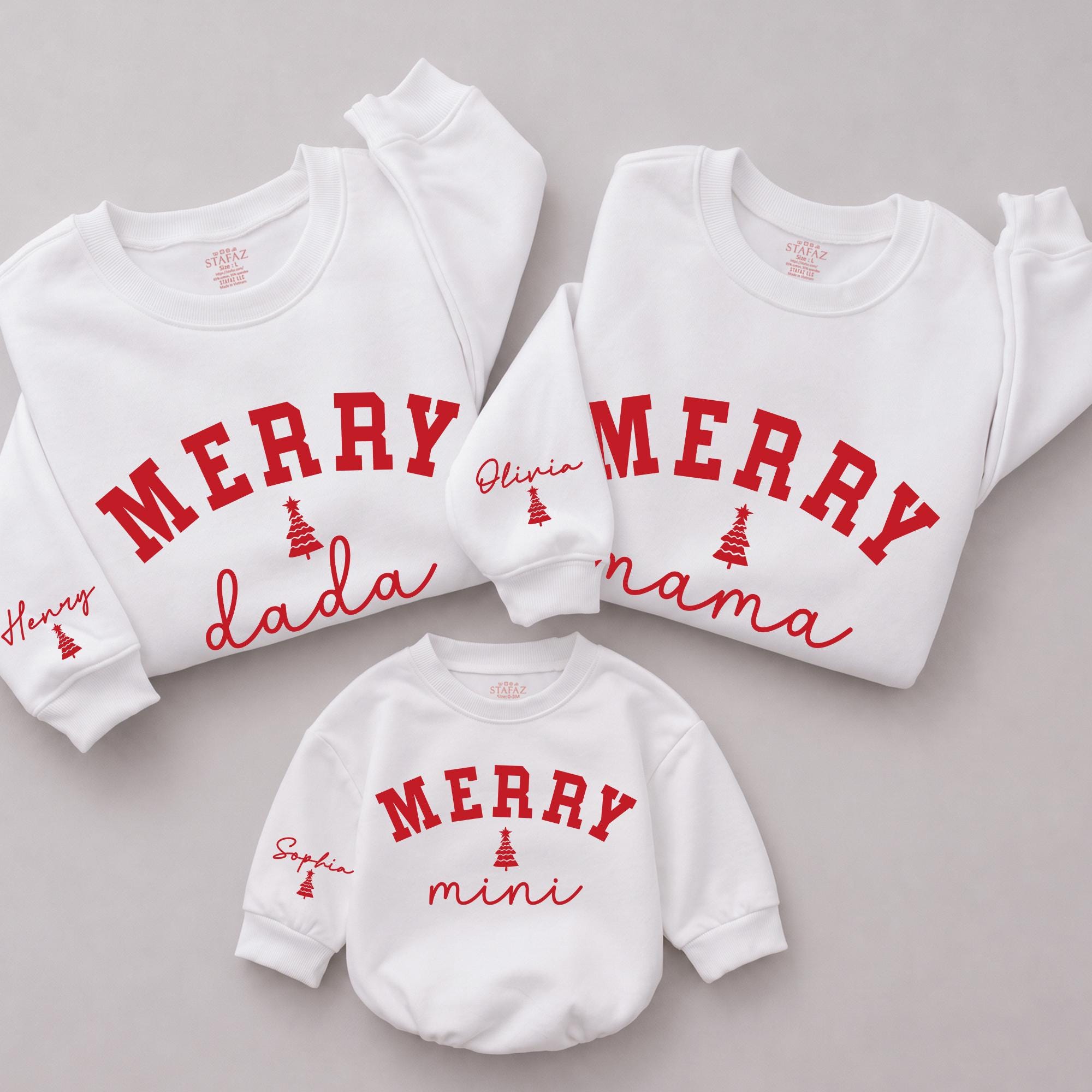 Merry Mama Mini Matching Sweatshirts with Custom Names, Holiday Family Christmas Tree Outfits, Cozy Long Sleeve Winter Wear