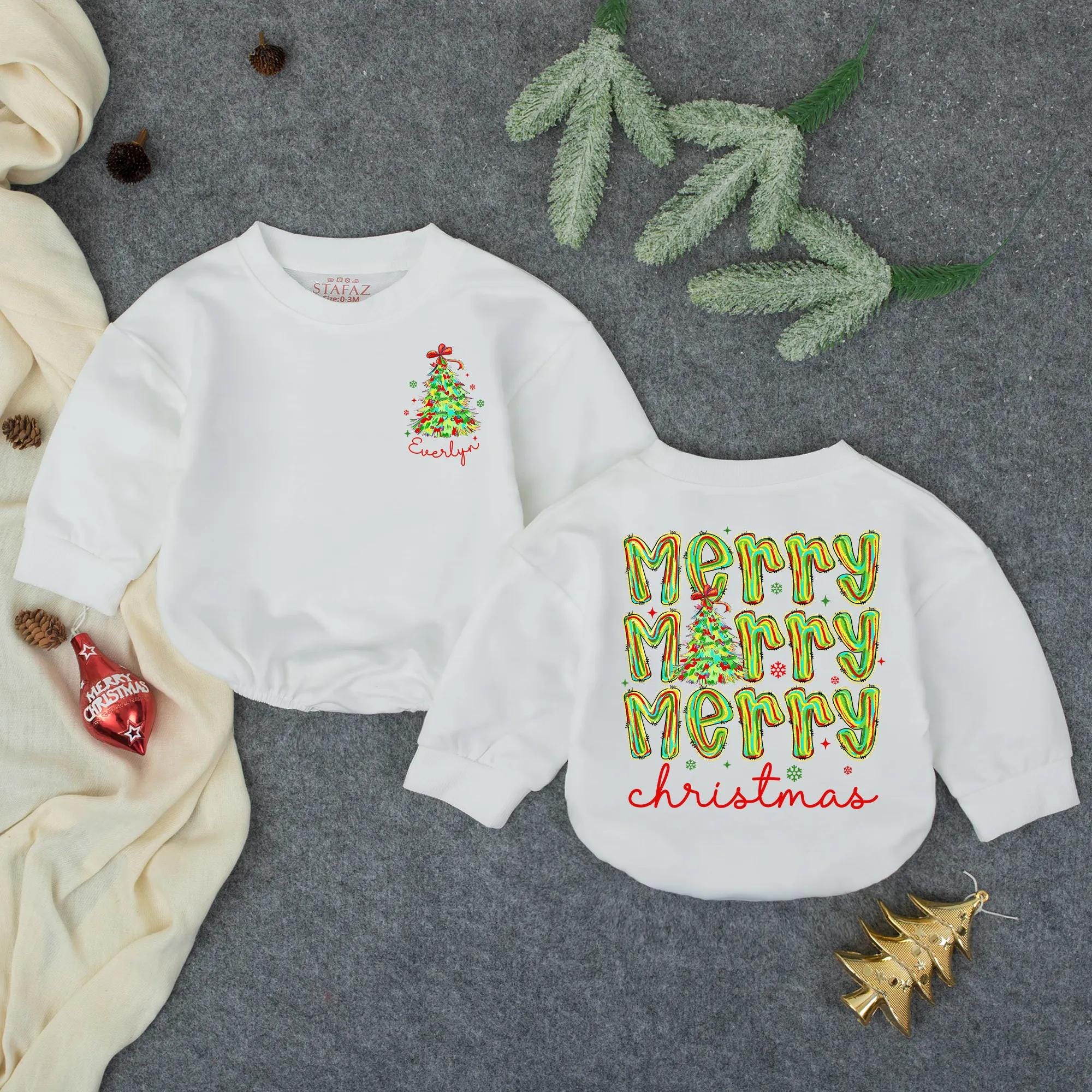 Merry Merry Merry Christmas Baby Bubble Romper with Custom Name, Holiday Toddler Outfit, Winter Baby Shower Gift