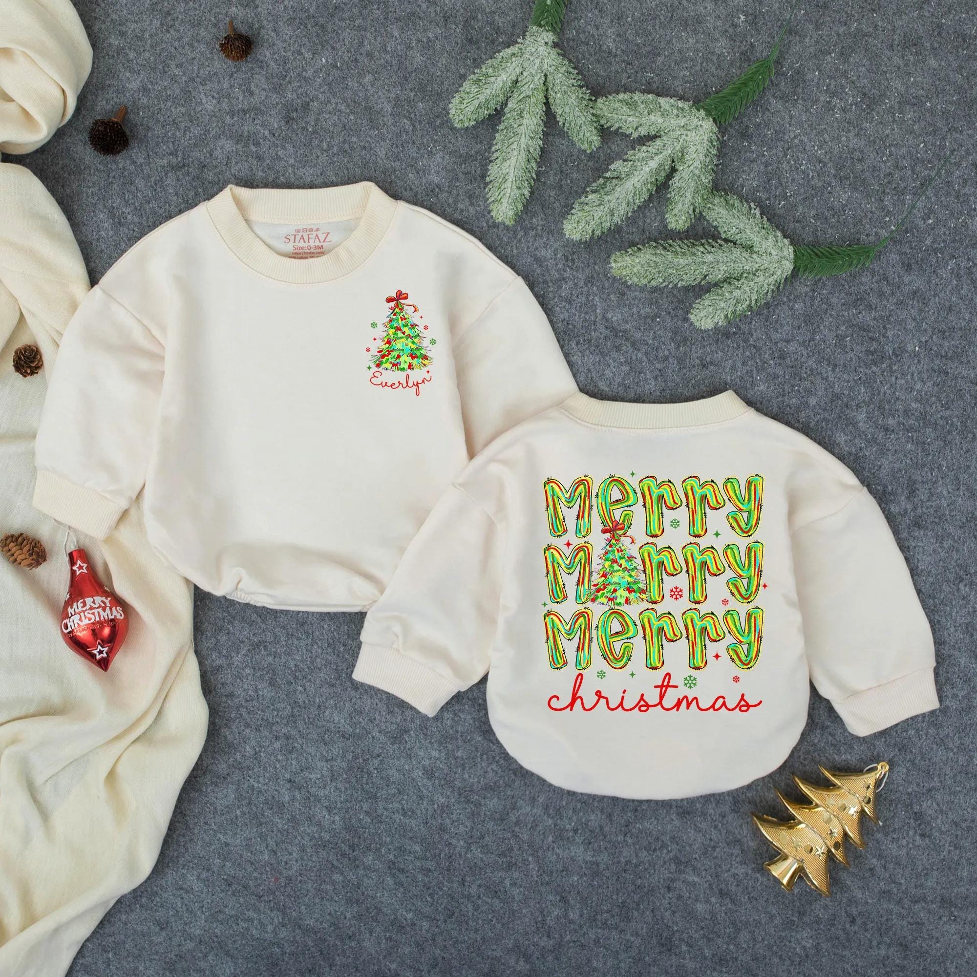 Merry Merry Merry Christmas Baby Bubble Romper with Custom Name, Holiday Toddler Outfit, Winter Baby Shower Gift