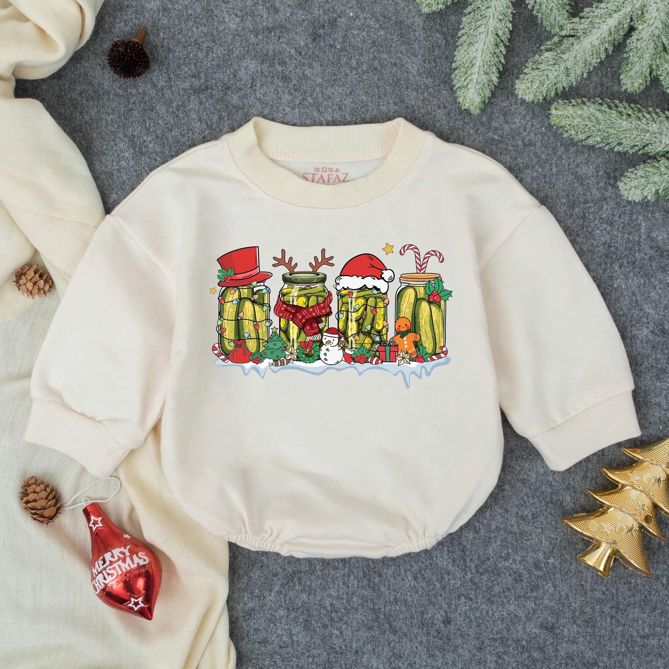 Merry Pickle Christmas Baby Romper with Holiday Jar Artwork, First Christmas Outfit, Infant Bubble Romper, Baby Shower Gift Idea