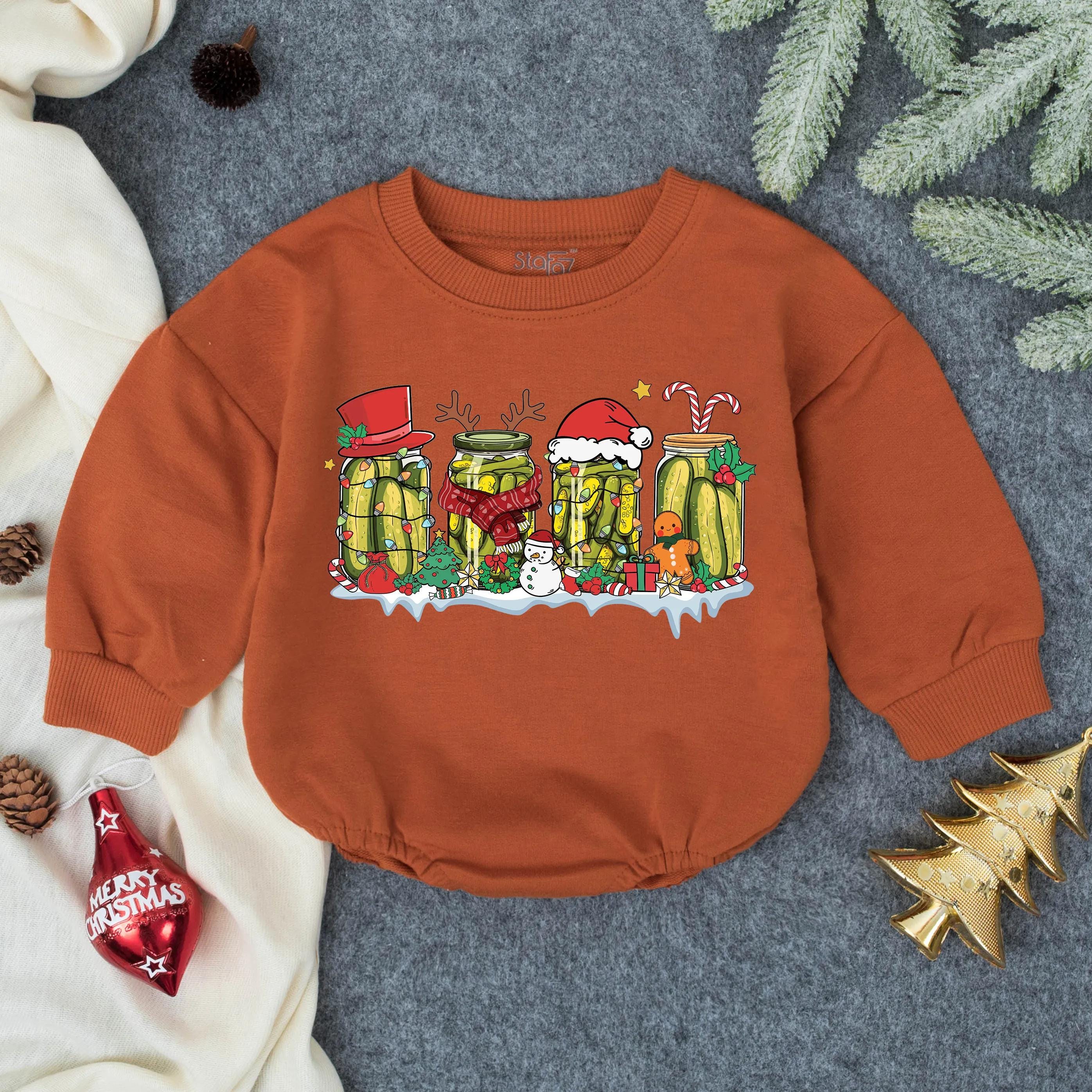 Merry Pickle Christmas Baby Romper with Holiday Jar Artwork, First Christmas Outfit, Infant Bubble Romper, Baby Shower Gift Idea