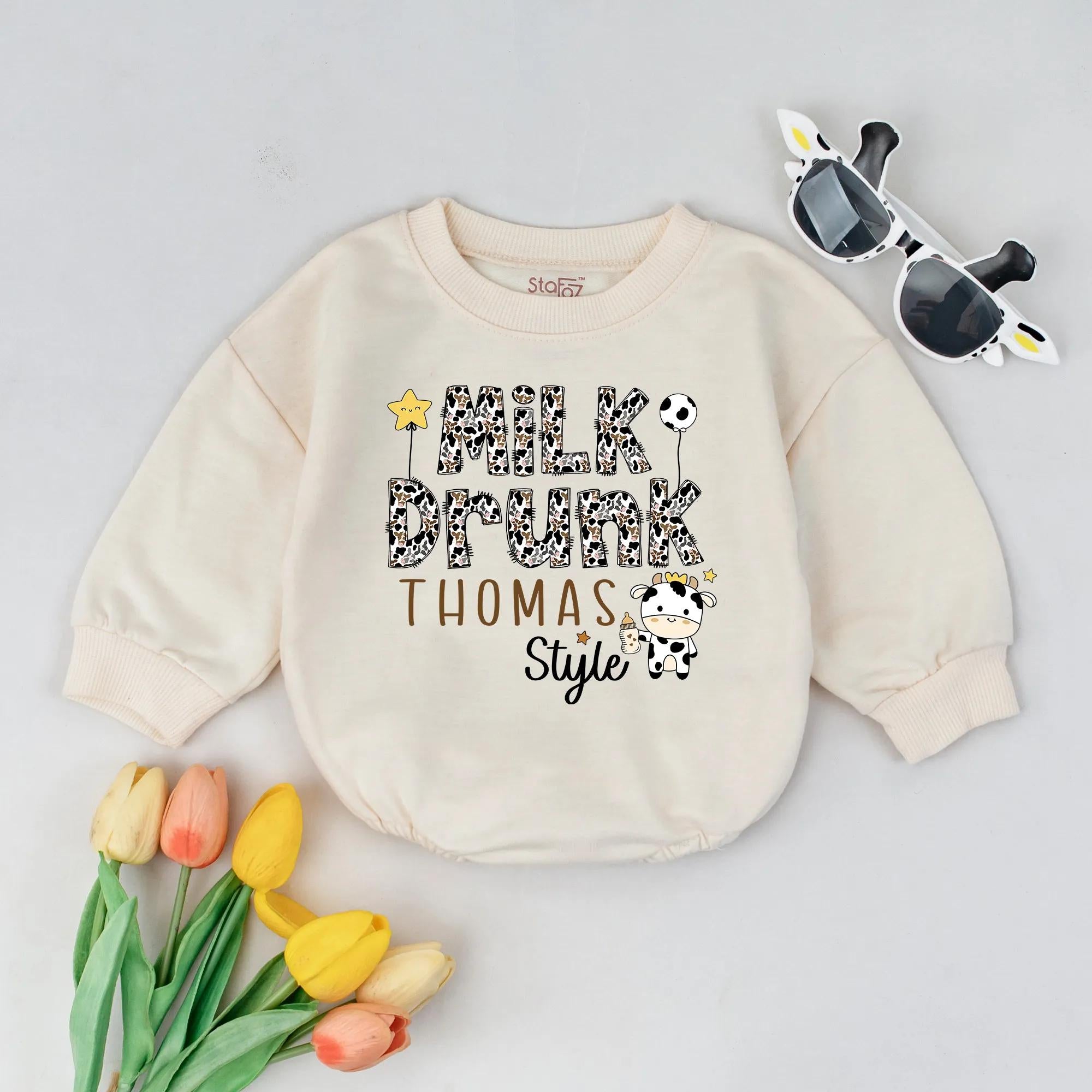 Milk Drunk Baby Romper with Cow Print Artwork and Custom Name, Funny Gender Neutral Outfit for Newborns, Baby Shower Gift