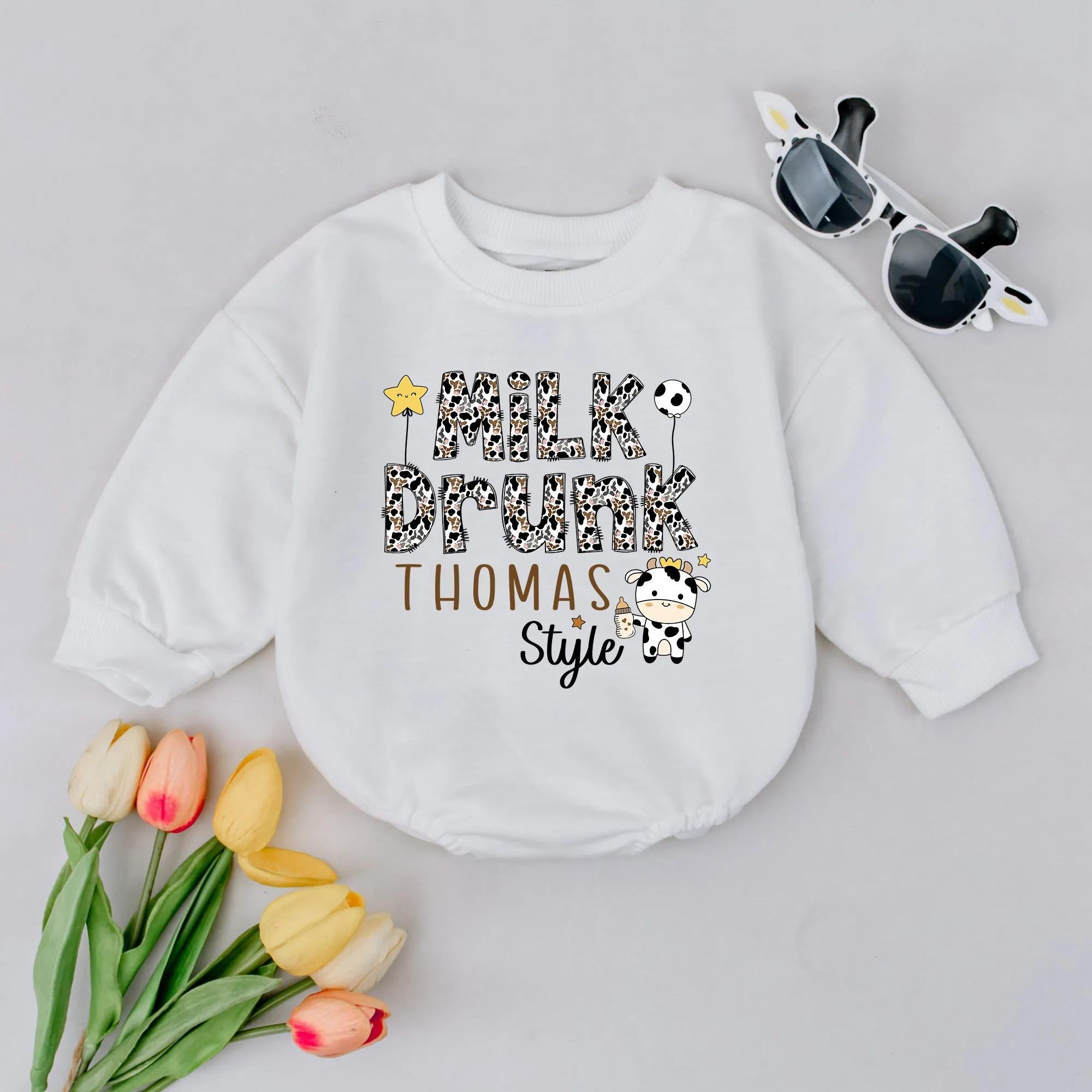 Milk Drunk Baby Romper with Cow Print Artwork and Custom Name, Funny Gender Neutral Outfit for Newborns, Baby Shower Gift