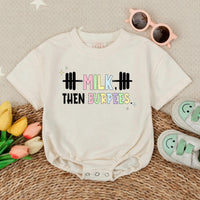 Milk Then Burpees Baby Romper Funny Pastel Gym Outfit Cute Infant Clothes Soft Cotton Gift for Newborns Baby Shower or Workout Parents