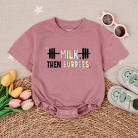 Milk Then Burpees Baby Romper Funny Pastel Gym Outfit Cute Infant Clothes Soft Cotton Gift for Newborns Baby Shower or Workout Parents
