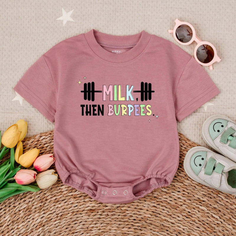 Milk Then Burpees Baby Romper Funny Pastel Gym Outfit Cute Infant Clothes Soft Cotton Gift for Newborns Baby Shower or Workout Parents