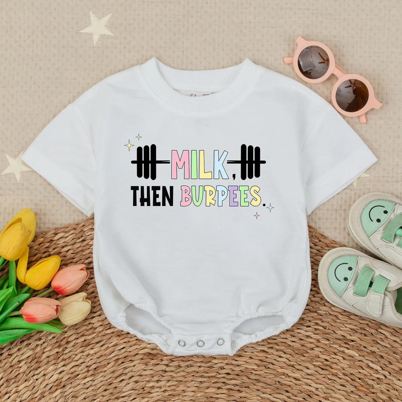 Milk Then Burpees Baby Romper Funny Pastel Gym Outfit Cute Infant Clothes Soft Cotton Gift for Newborns Baby Shower or Workout Parents