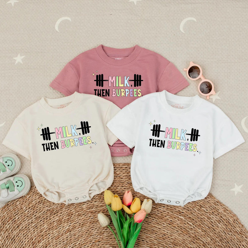Milk Then Burpees Baby Romper Funny Pastel Gym Outfit Cute Infant Clothes Soft Cotton Gift for Newborns Baby Shower or Workout Parents