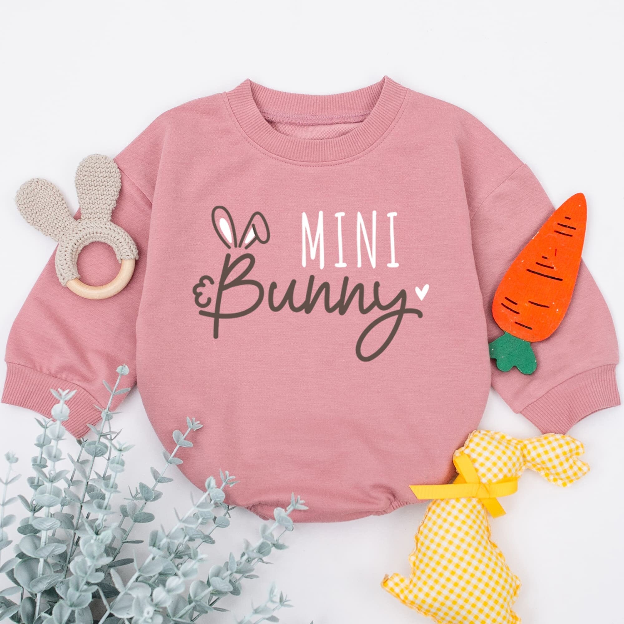 Mini Bunny Baby Romper with Pink Bold and Cursive Script Cute Easter Outfit for Newborns and Infants Charming Baby Shower Gift