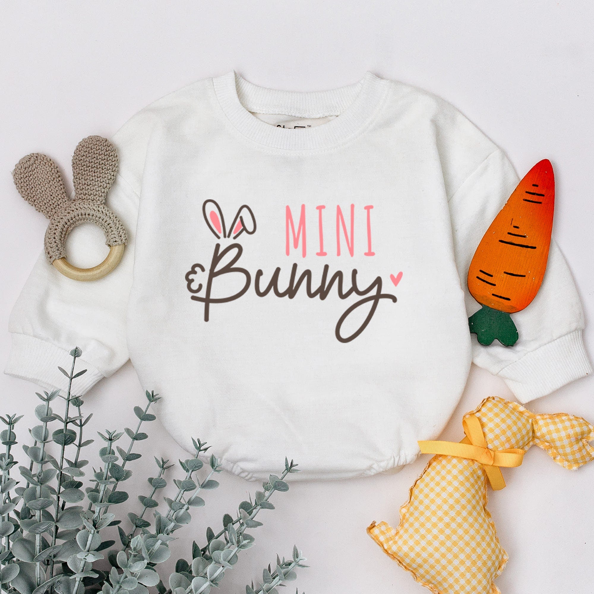 Mini Bunny Baby Romper with Pink Bold and Cursive Script Cute Easter Outfit for Newborns and Infants Charming Baby Shower Gift
