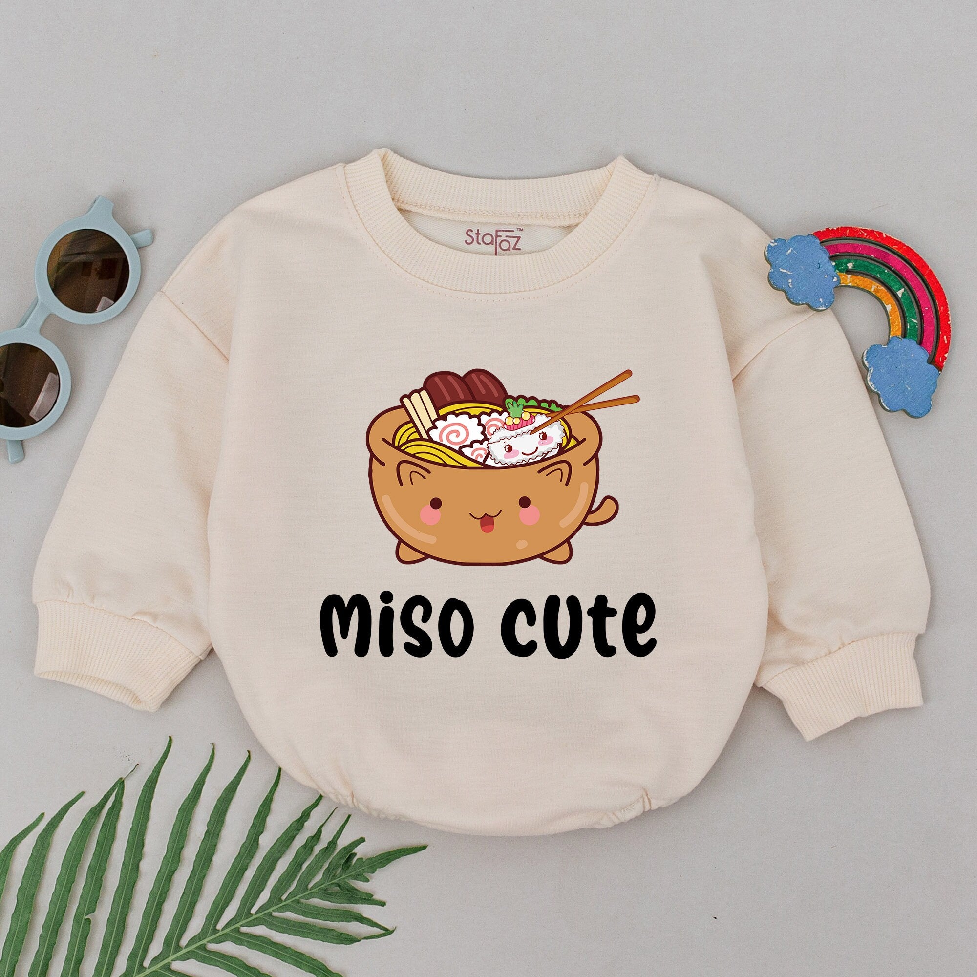 Miso Cute Baby Romper with Smiling Miso Soup Design for Boys Girls Soft Cotton Newborn Outfit Sushi Gift for Baby Shower Minimalist Style