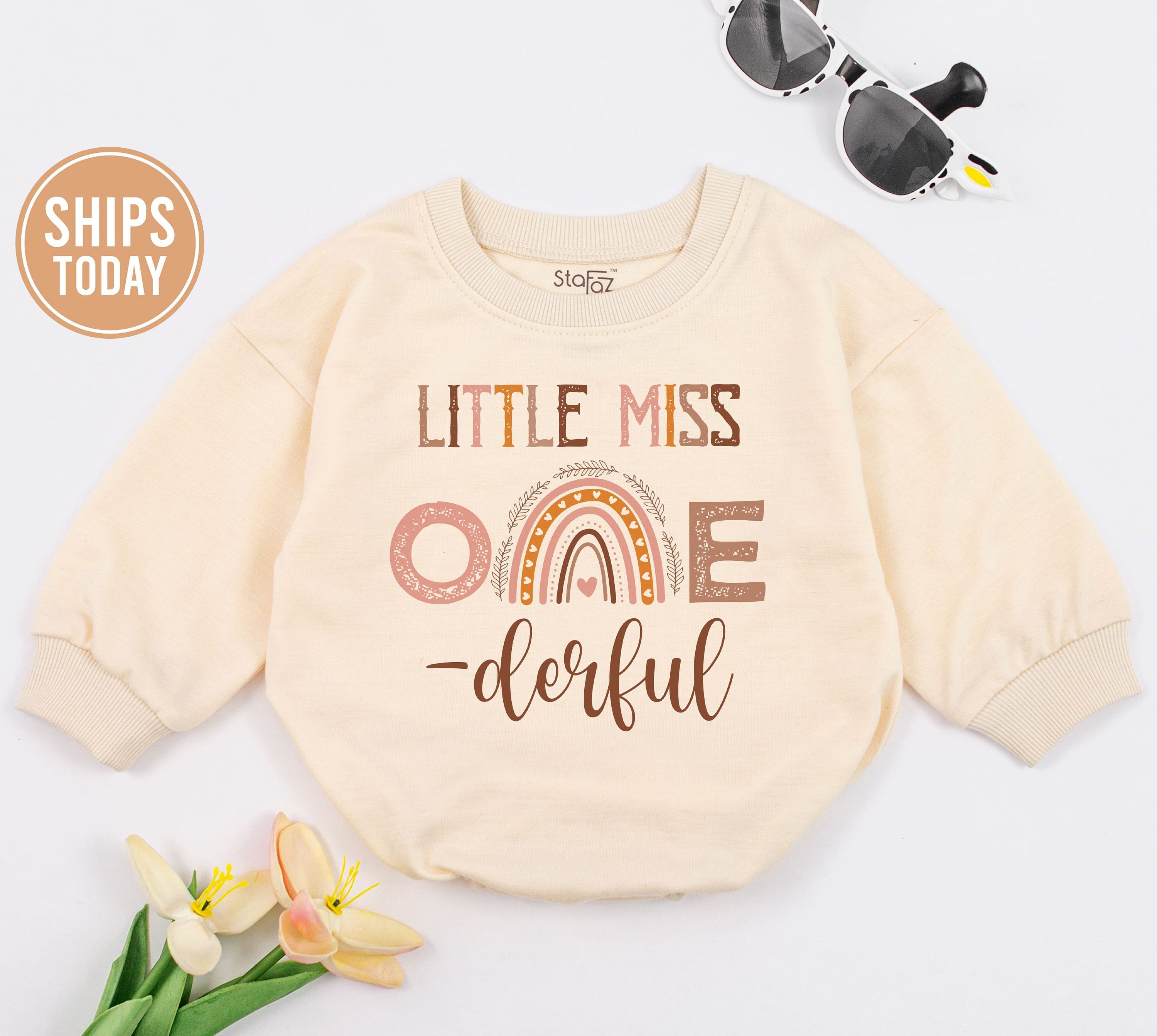 Miss Onederful First Birthday Outfit Baby Girl Boho Rainbow Romper Cake Smash Clothes Pastel Earth Tones Niece Gift Party Celebration