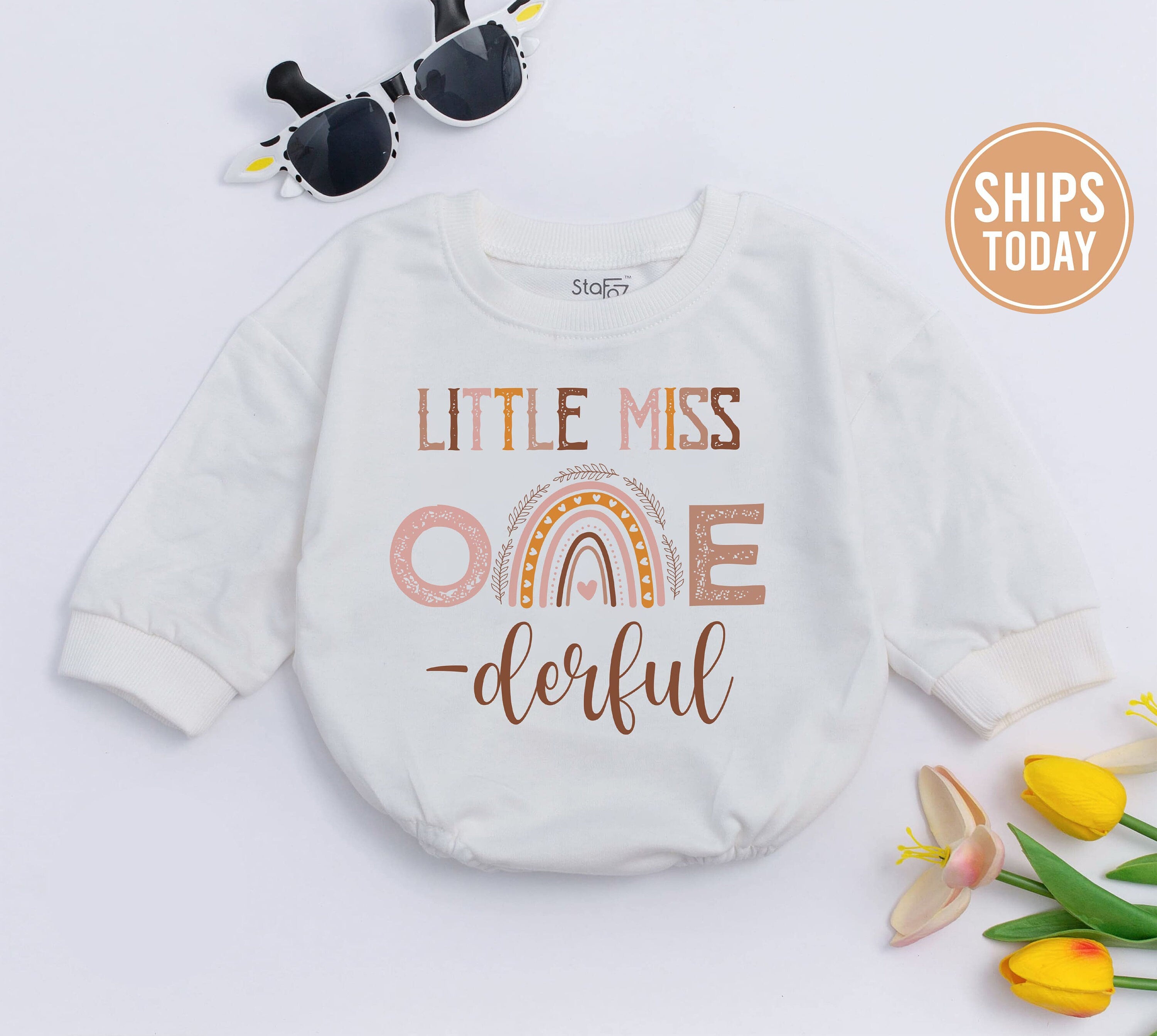 Miss Onederful First Birthday Outfit Baby Girl Boho Rainbow Romper Cake Smash Clothes Pastel Earth Tones Niece Gift Party Celebration