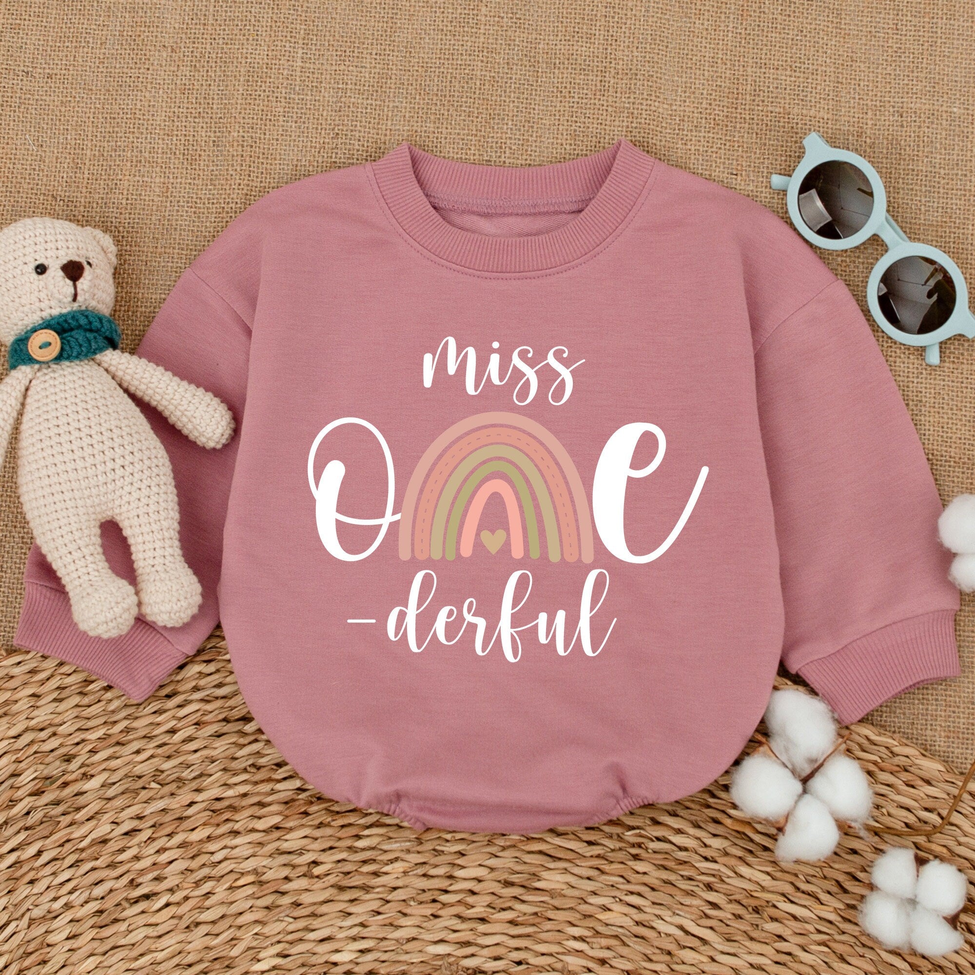 Miss Onederful Rainbow Romper Baby Girl 1st Birthday Outfit Soft Cotton Boho Style Pastel Colors Infant Bodysuit Party Shower Gift