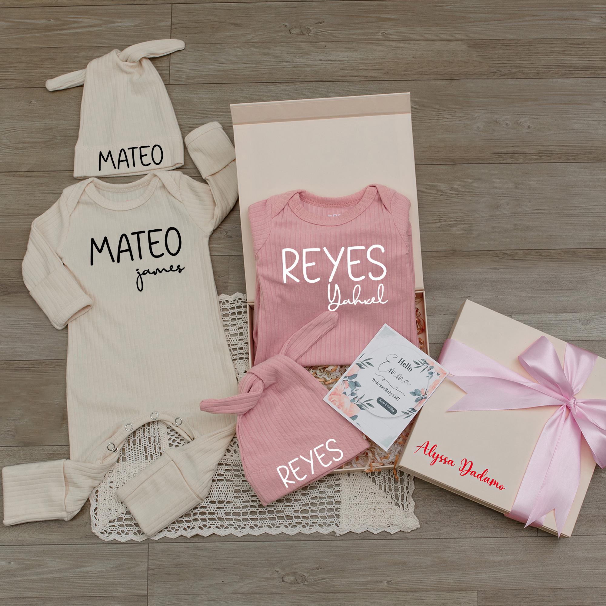 Modern First and Middle Name Baby Bodysuit and Hat Set, Ribbed Newborn Outfit, Custom Name Coming Home or Baby Shower Gift