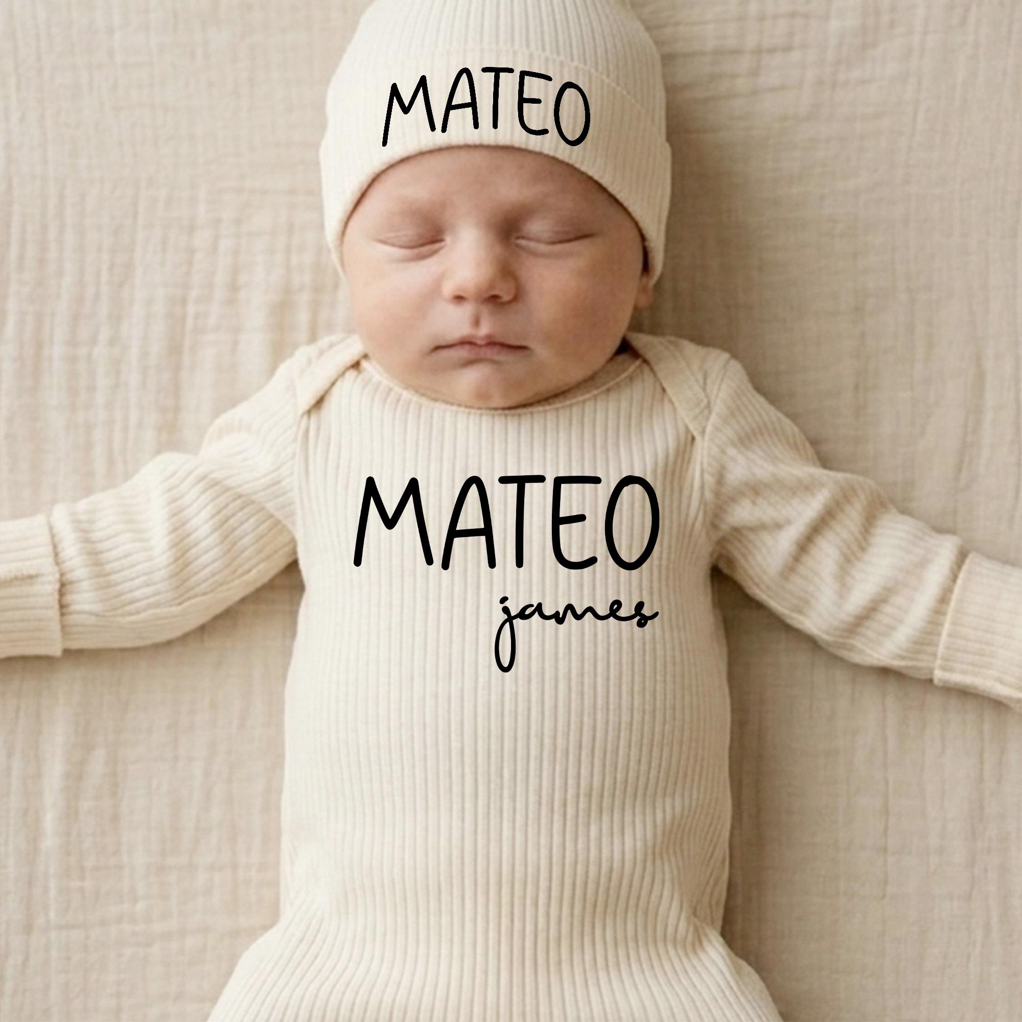 Modern First and Middle Name Baby Bodysuit and Hat Set, Ribbed Newborn Outfit, Custom Name Coming Home or Baby Shower Gift