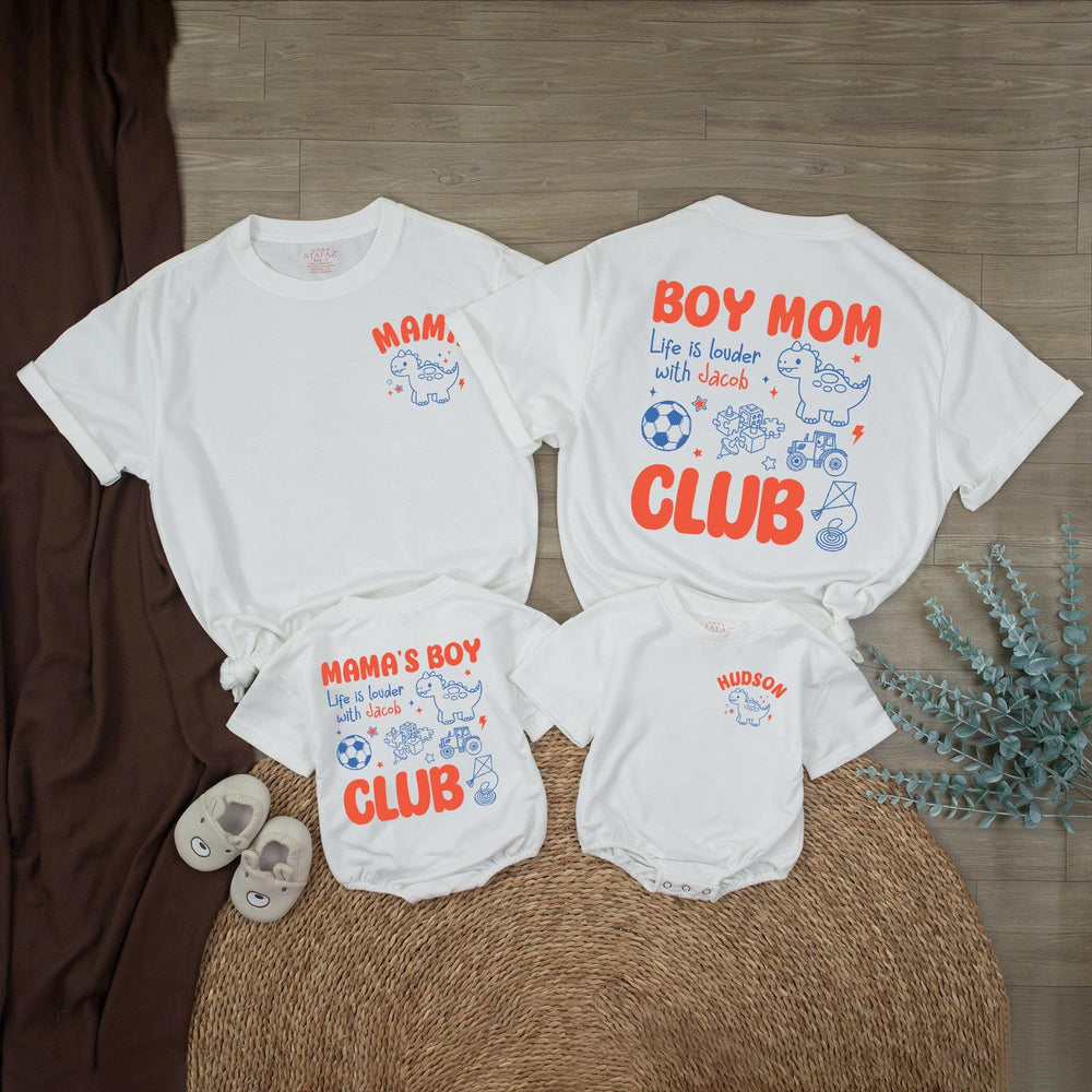 Mom and Son Matching Outfits Custom Dinosaur Boy Clothes Coral and Blue Family Shirts Personalized Boy Mom Club Gift