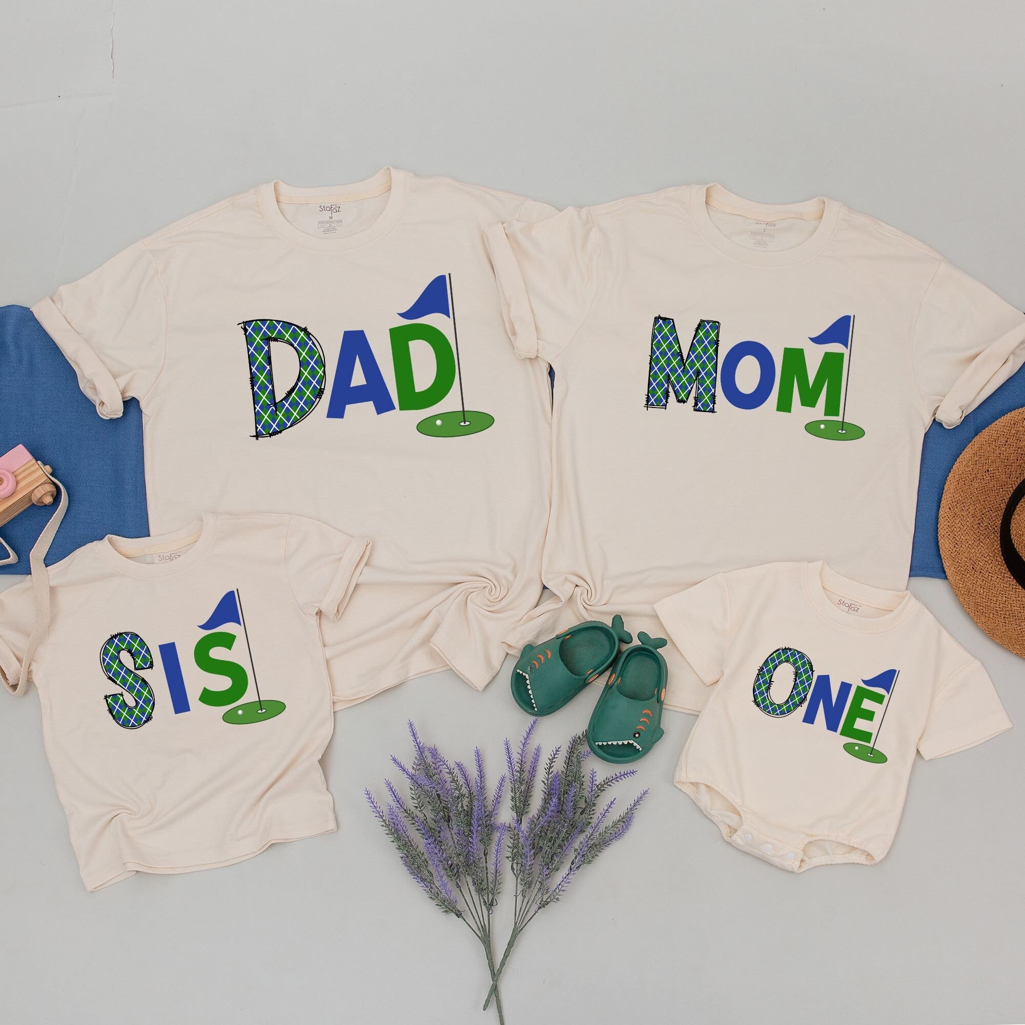 Mommy and Me Golf Birthday Shirts Colorful Plaid Design Custom Names Fun First Birthday Party Infant Toddler Dad Mom Bro One
