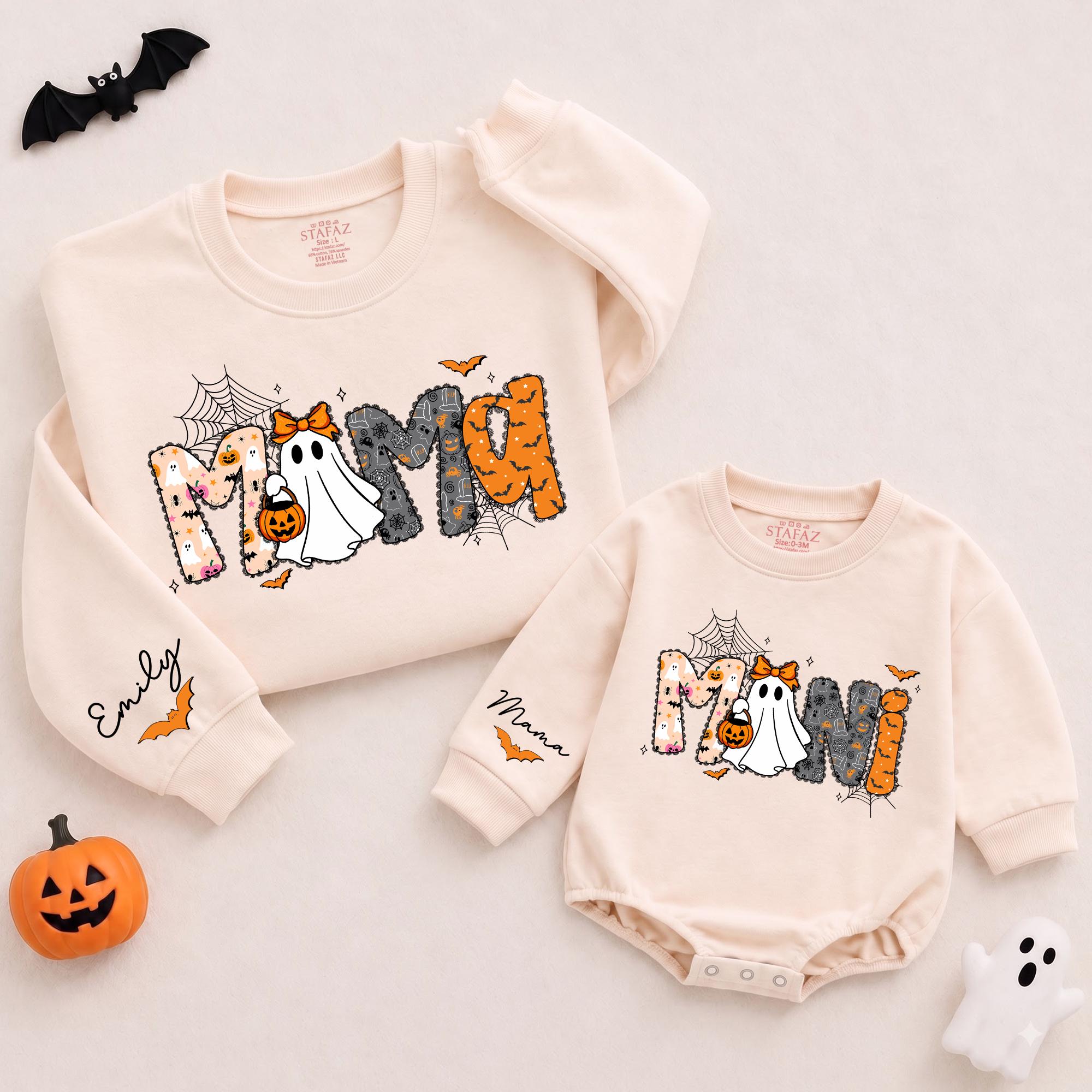 Mommy and Me Halloween Sweatshirts with Ghost and Pumpkin Design, Matching Fall Family Outfits, Custom Name Spooky Sweaters