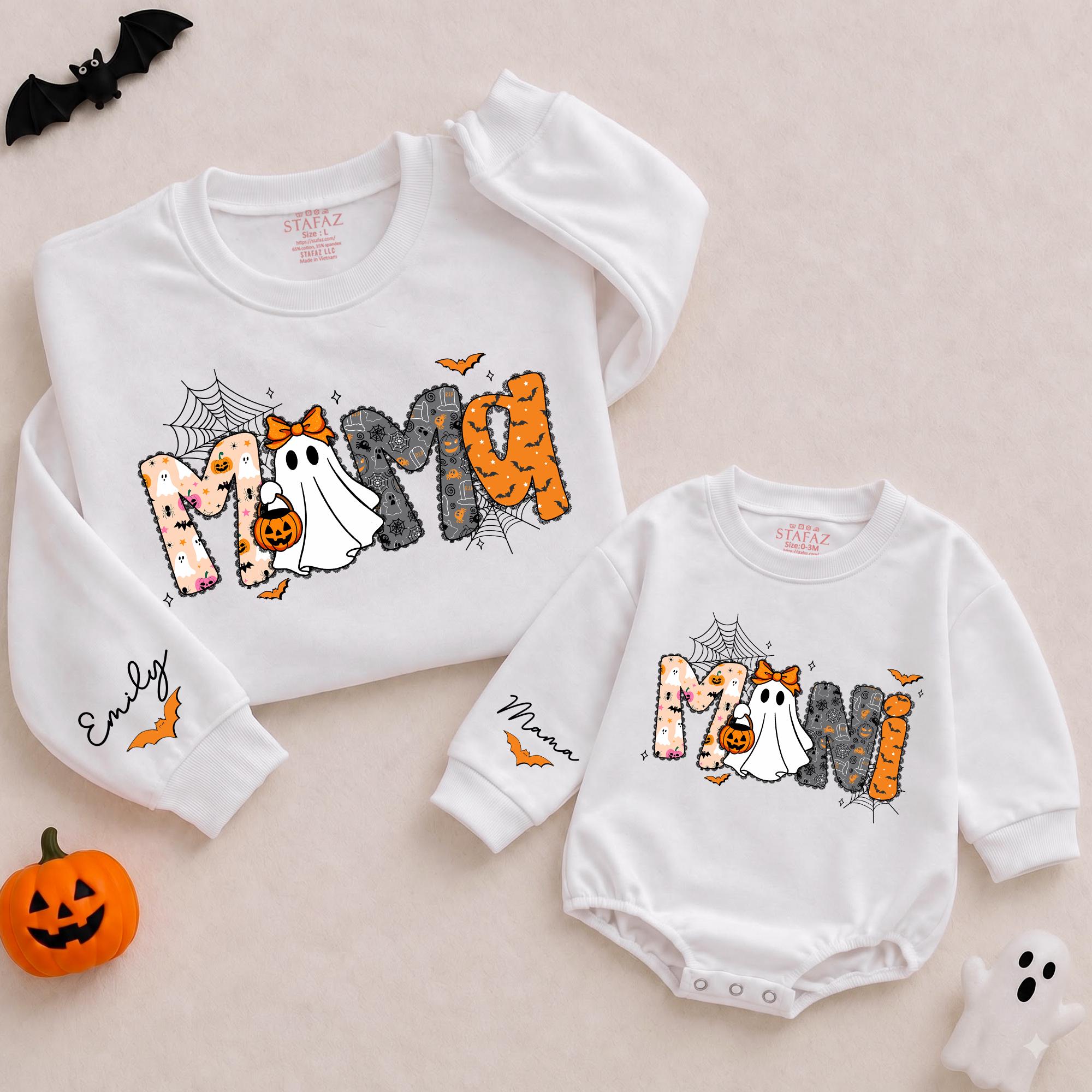 Mommy and Me Halloween Sweatshirts with Ghost and Pumpkin Design, Matching Fall Family Outfits, Custom Name Spooky Sweaters